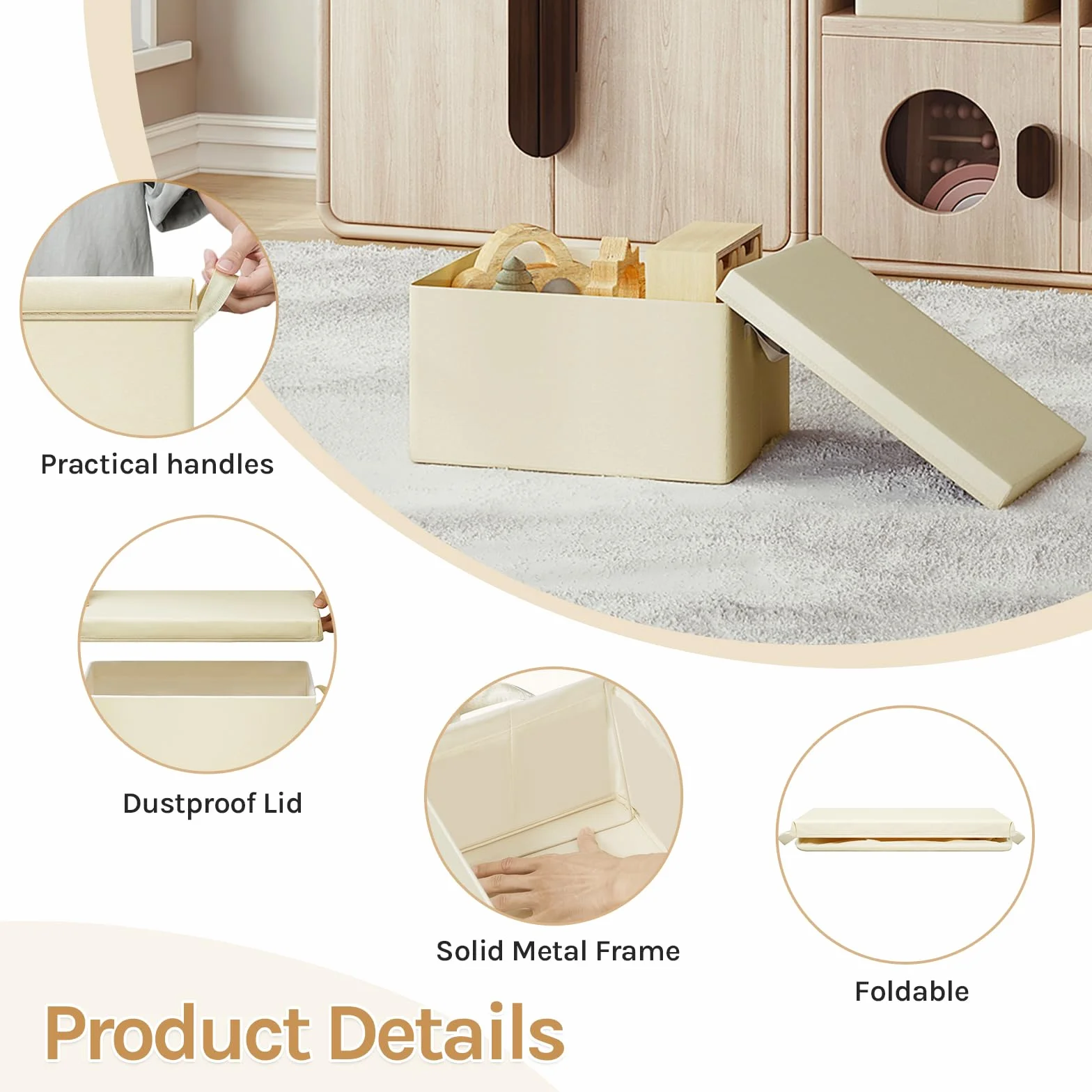 WOLTU Scatola Portaoggetti Pieghevole, Set di 3 Ceste in Tessuto, Cubo Portaoggetti, 38x20x27 cm, Crema