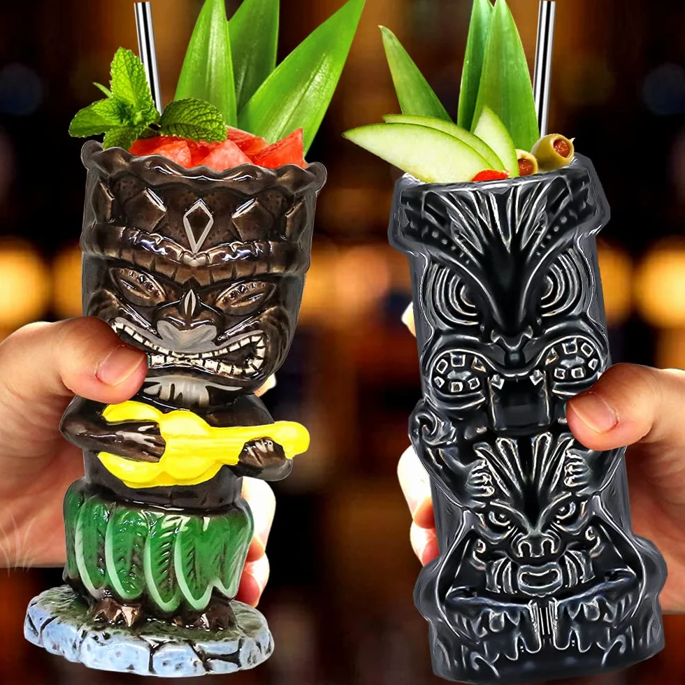 Tiki Tazze per cocktail in ceramica hawaiana, set di 4 grandi