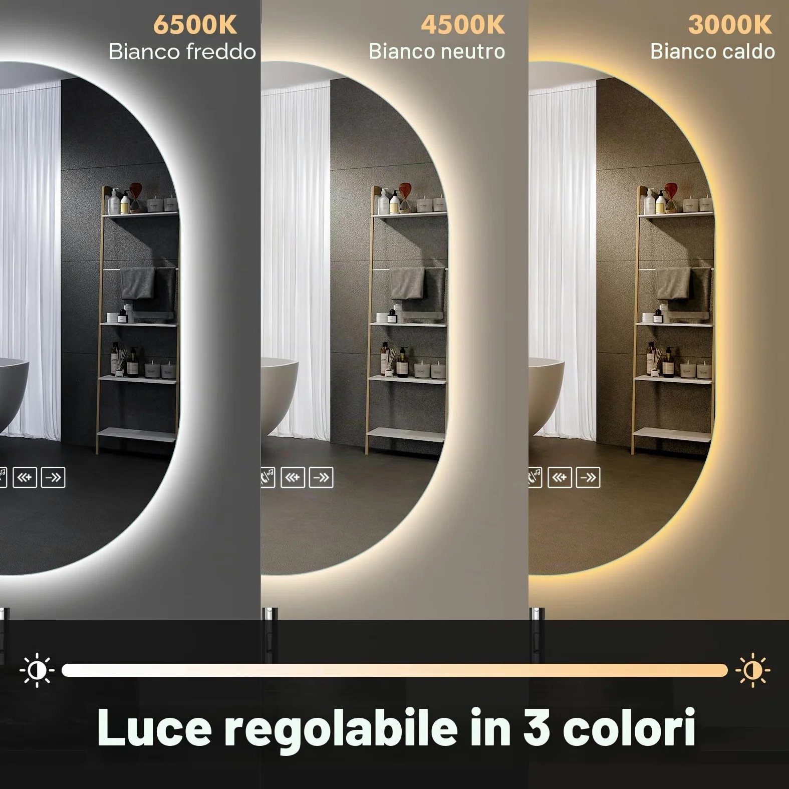Specchio Bagno con Luce, 75x50cm, Specchio Smart con Antiappannamento, Memoria e Dimmerabile, Bluetooth per Musica, Tasto a Sè, Installazione Orizzontale o Verticale