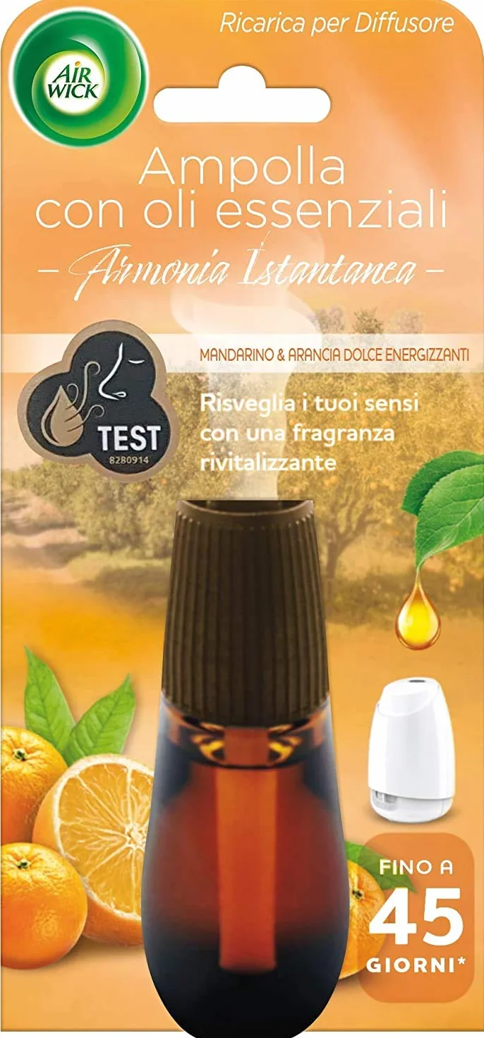 Airwick Ricariche per Diffusore di Oli Essenziali Armonia Istantanea, Confezione da 1 Ricarica per il Diffusore di Oli Essenziali Profumatore per Ambienti alla Fragranza di Mandarino e Arancia Dolce