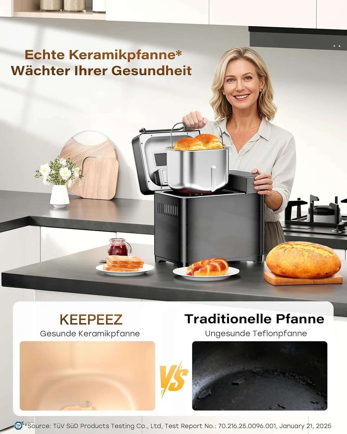 Macchina per il pane 17 in 1 – Due elementi riscaldanti, 710 W, in acciaio inox, senza glutine, impasto, marmellate, programmi di yogurt, dispenser per noci, stampo in ceramica e touch screen