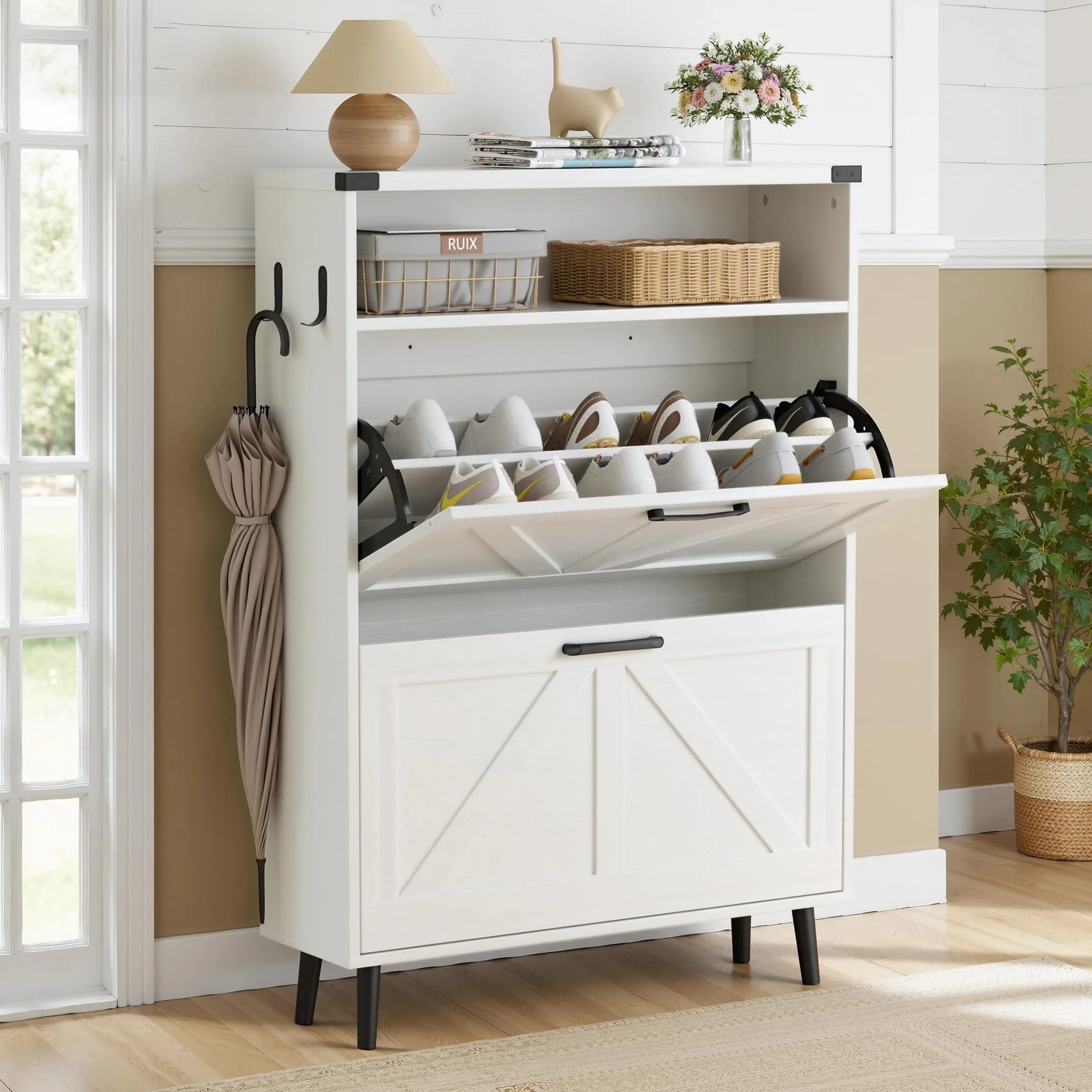 BonVache Scarpiera stretta 2 ante ribaltabile 4 ripiani mobile per scarpe legno 80x24x113,5 cm bianco