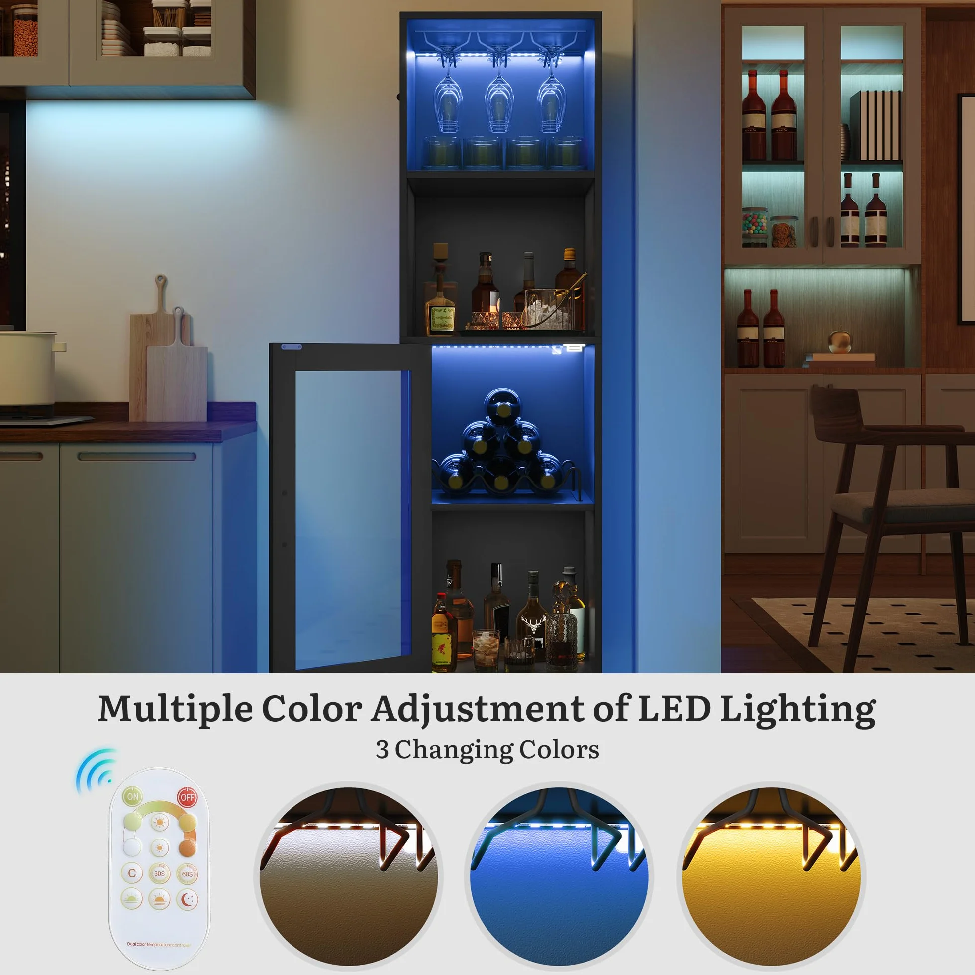 YITAHOME Armadietto da bar con luci LED regolabili, caffetteria con portabottiglie e ganci e anta in acrilico, credenza da cucina per buffet per casa, bar, sala da pranzo, soggiorno, nero