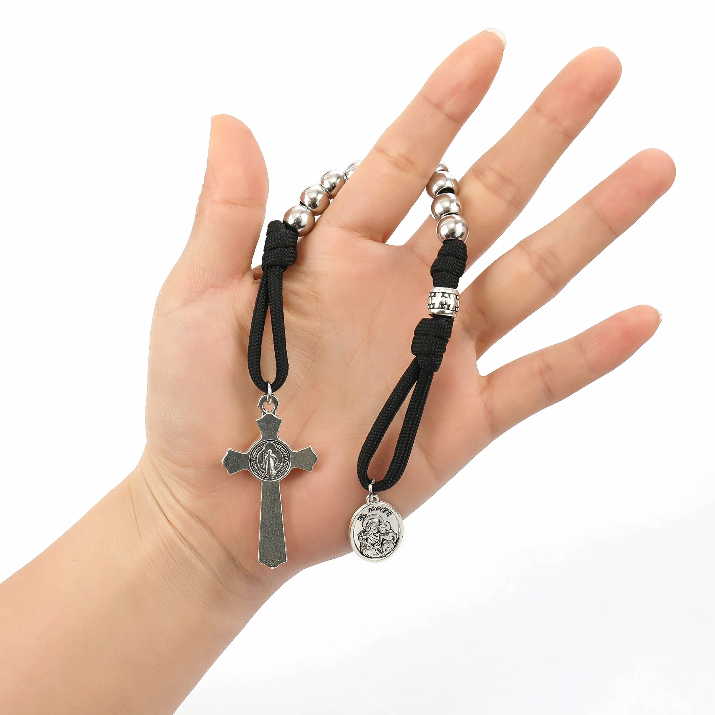 Nazareth Store Rosario militare di un decennio in paracord, perline d'argento, rosario tascabile per auto, prega per noi, medaglia di San Giuseppe e croce di San Benedetto.