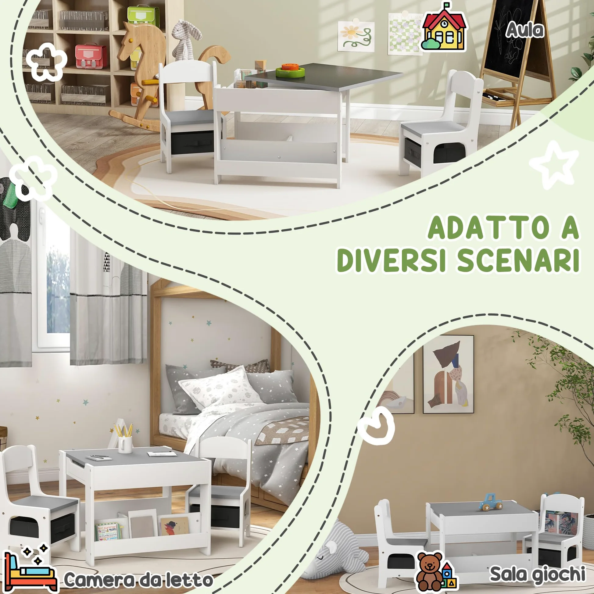 HOMCOM Set Tavolino per Bambini e 2 Sedie, Piano del Tavolo 3 in 1 con Lavagna, Contenitori e Vano Libreria, Grigio