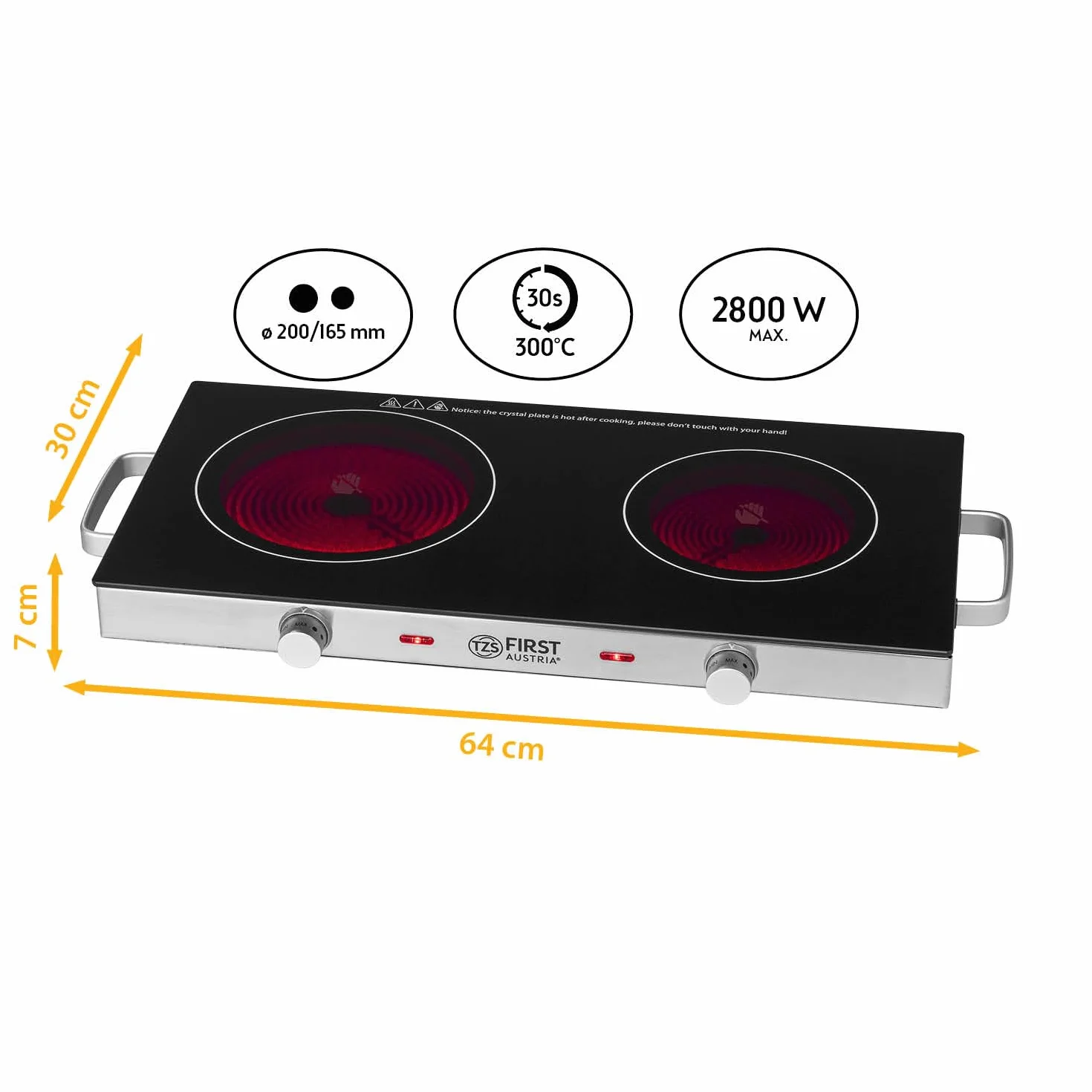 First Austria Piastra di cottura doppia infrarossi vetroceramica 2800W Mini Fornello elettrico