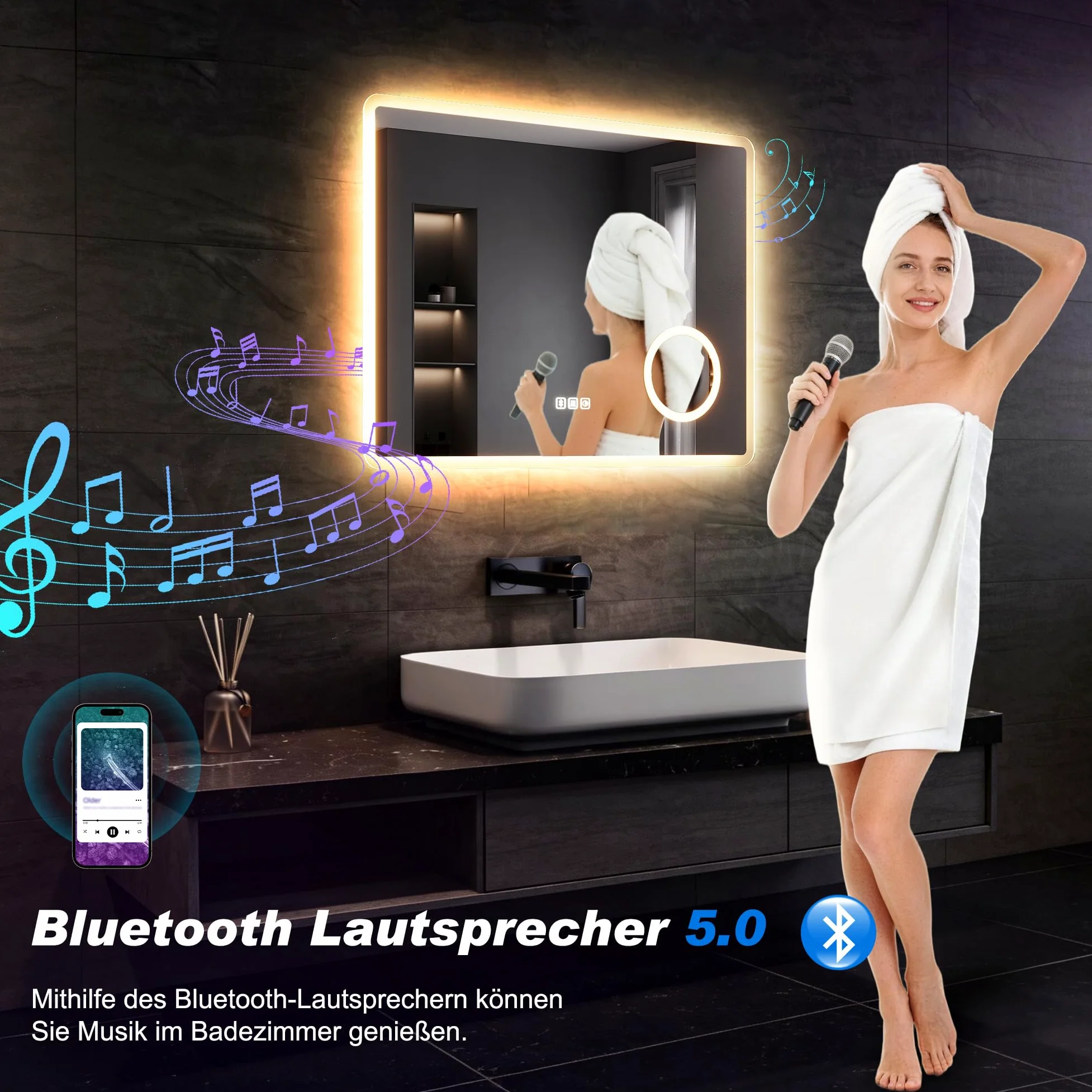 SONNI Specchio da bagno a LED con Bluetooth, 100 x 60 cm, specchio da bagno con illuminazione e touch, presa elettrica, 3 colori di luce, anti-appannamento e funzione di memoria, ingrandimento 3 x