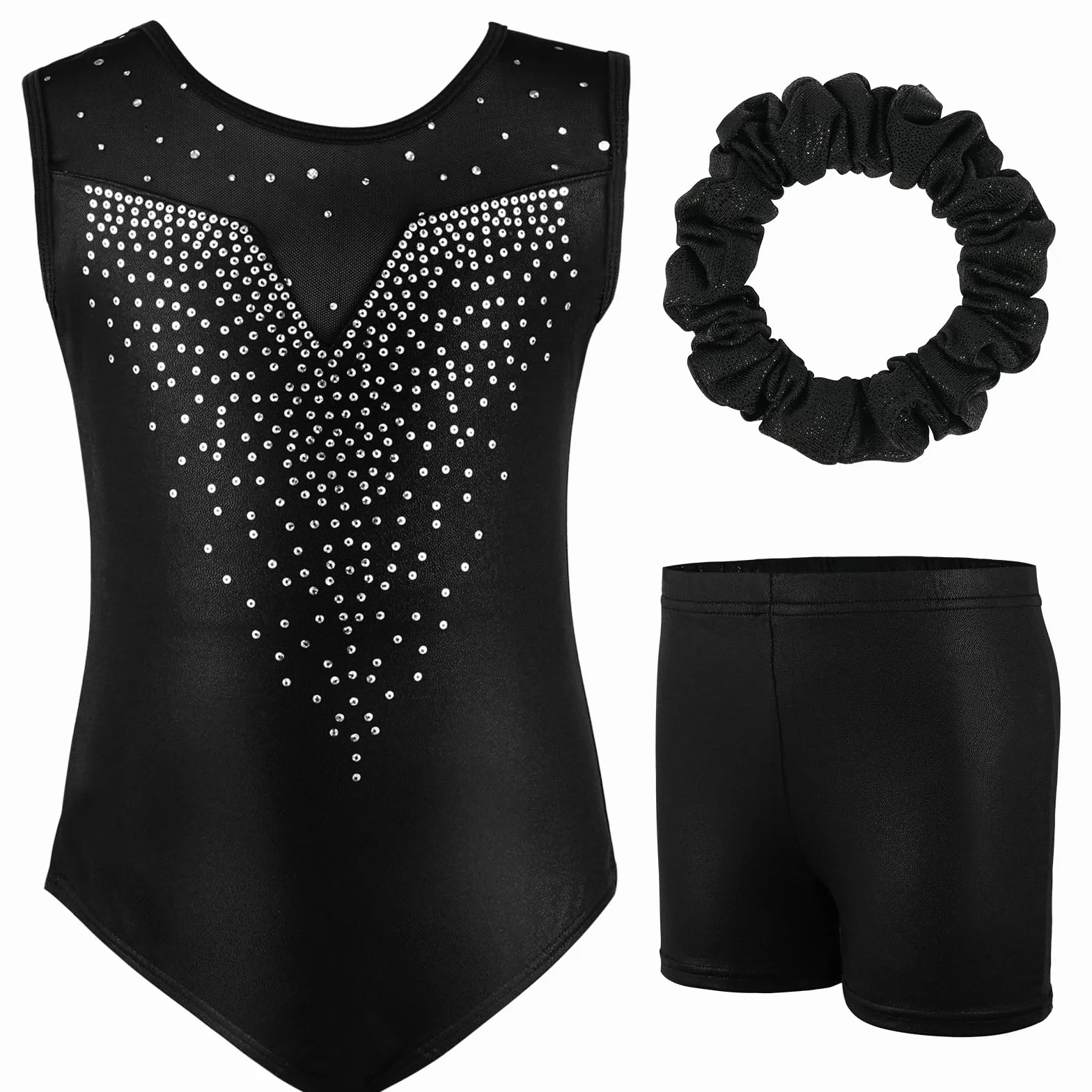 AOOWU Set Ginnastica 3 Pezzi, Leotard Y-Neck Pantaloncini, Danza Gradient Colour Sparkle