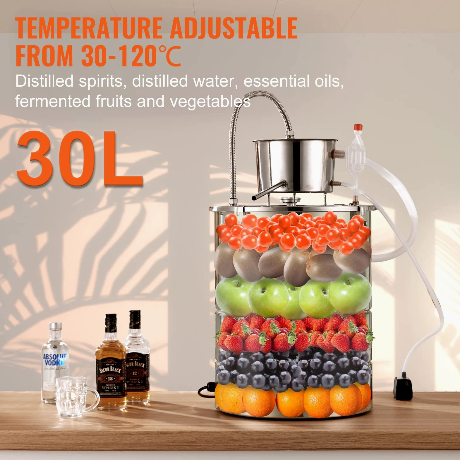VEVOR Kit di Distillatore Elettrico Alcol in Acciaio Inox Capienza 30L Potenza Nominale 1800W con Pompa dell'Acqua Potenza 6,8-8W, Alambicco Distillatore in Acciaio Inox Uso Alimentare Acqua Alcol