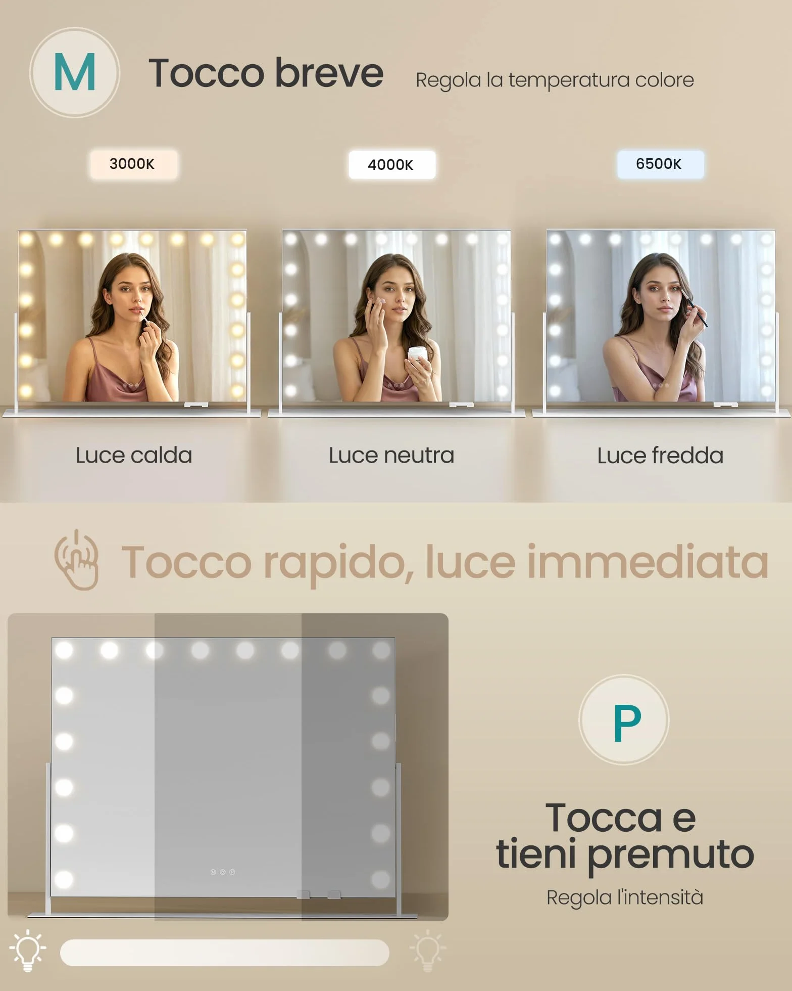 SONGMICS Specchio Trucco Luci 18 LED Dimmerabili 3 Temperature Colore 80x60 cm Bianco Opaco