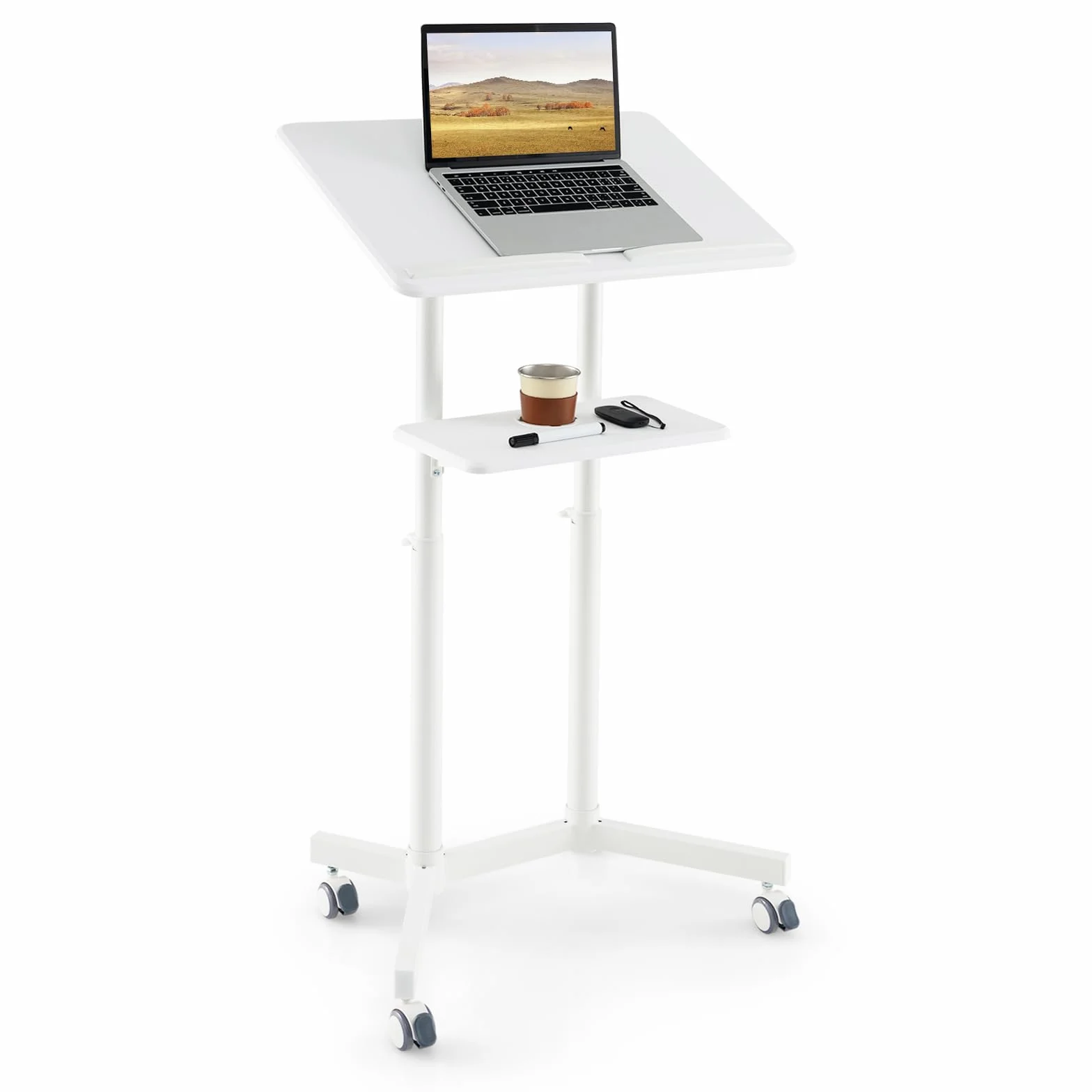 COSTWAY Podio per Conferenze, Pulpito Portatile per Laptop con Piano Inclinabile e Regolabile in Altezza, Vassoio Portaoggetti, Portabicchieri e Ruote Bloccabili (Bianco)