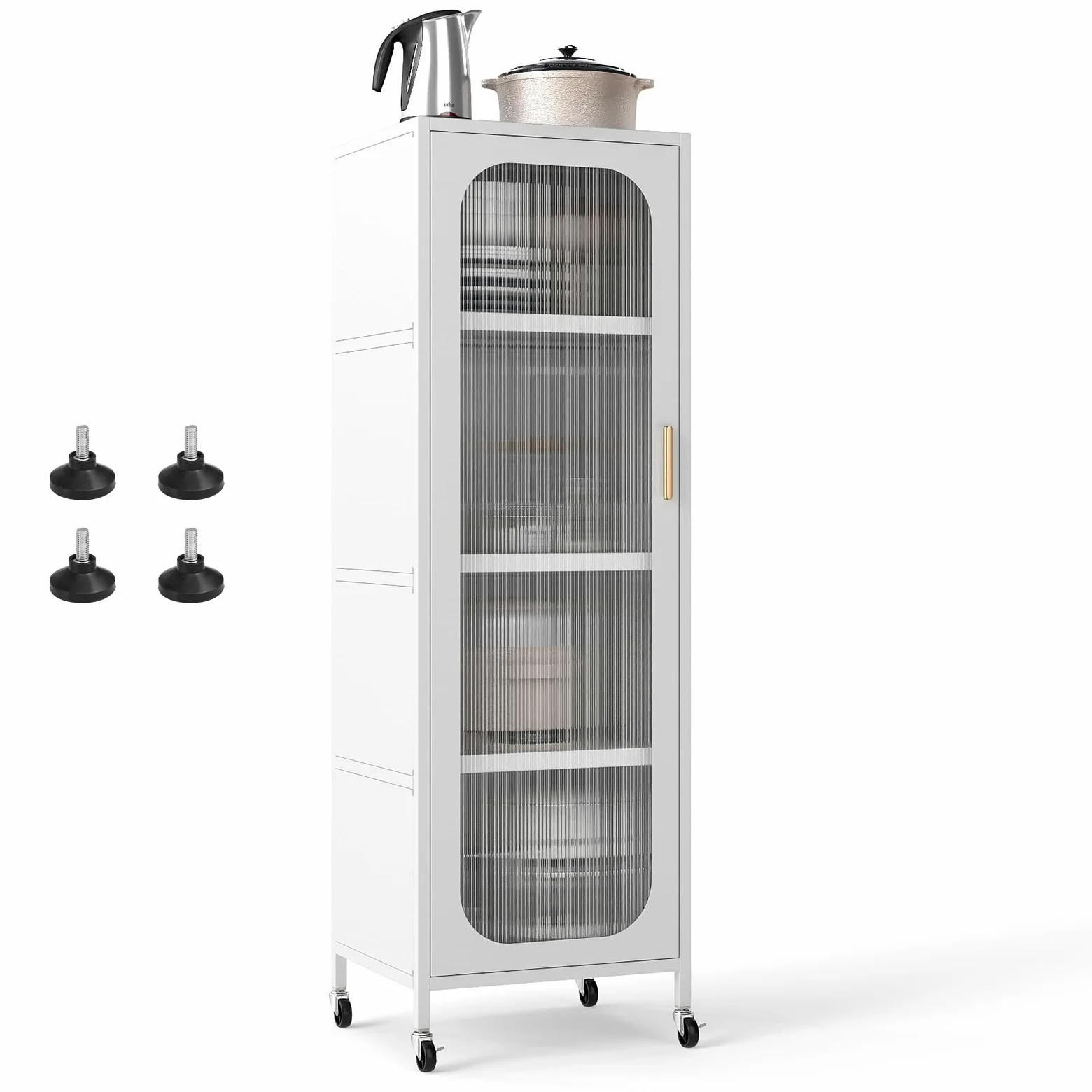 KOMFOTTEU Armadietto da cucina con ruote, a 5 ripiani, con ripiani regolabili, alto con anta trasparente, multiuso, per sala da pranzo, soggiorno, 45 x 40 x 141 cm (bianco)