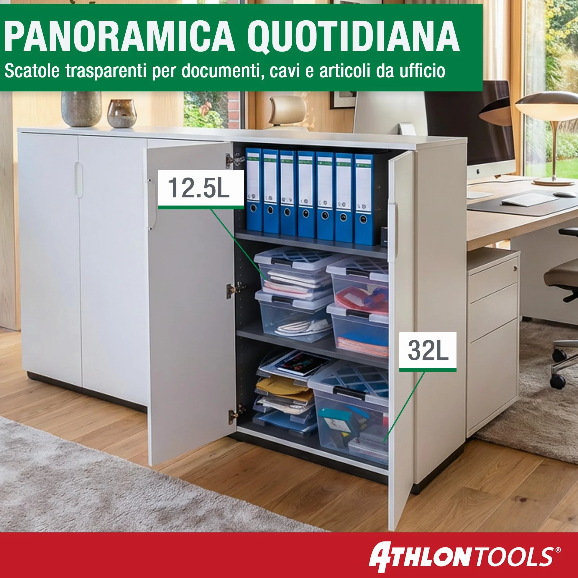 ATHLON TOOLS 4x 12,5L Scatole Plastica Trasparente con Coperchio Contenitori Impilabili per Alimenti