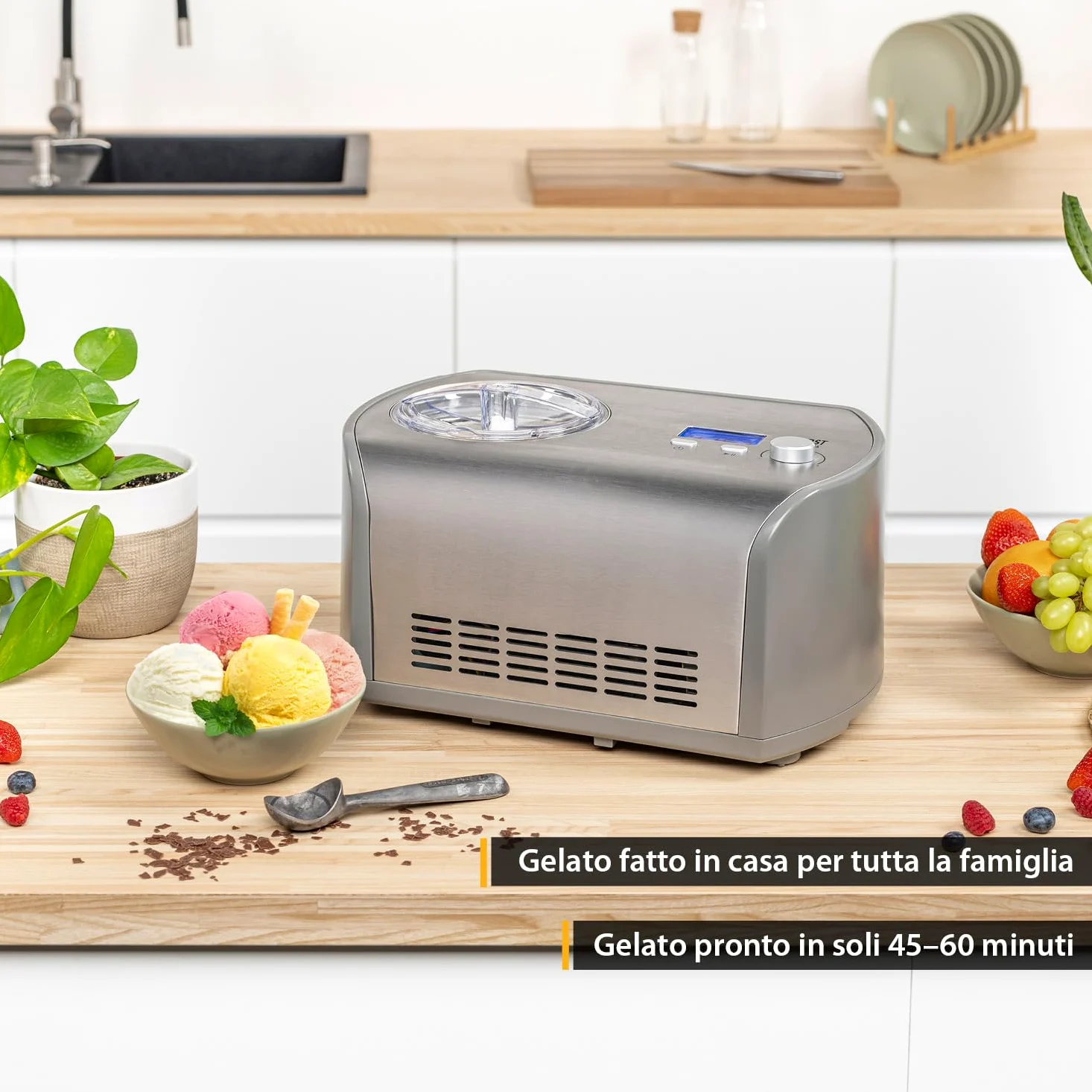TZS First Austria Macchina per Gelato 1,2L - 135W - Compressore e Funzione Raffreddamento - Gelatiera per Gelato, Sorbetto o Frozen Yogurt - Cestello in Acciaio Inox - Grigio