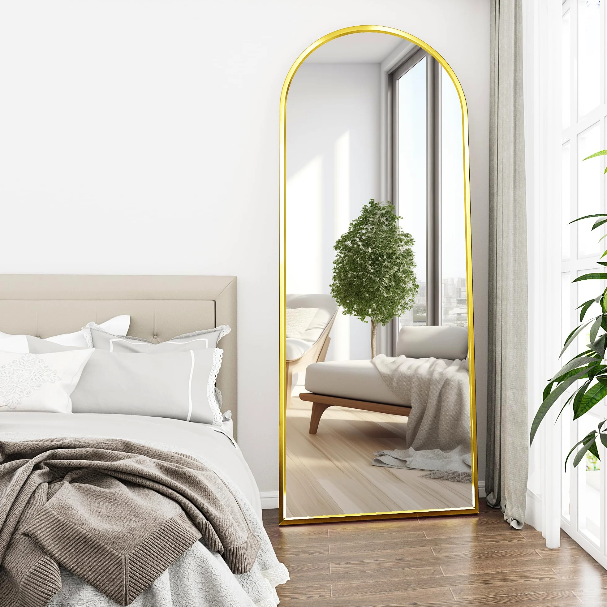 Bogen - Specchio a figura intera, 165 x 60 cm, grande specchio da terra, curvo, da parete, per camera da letto, spogliatoio (oro)