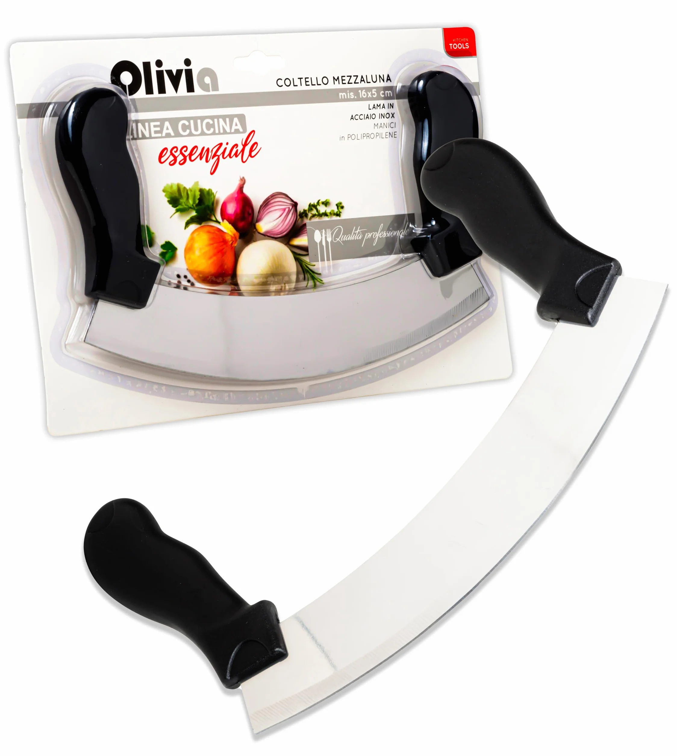 IPEA Coltello Mezzaluna da Cucina con Lama Curva in Acciaio Inox - Coltello Monogama per Tagliare Verdure, Erbe, Carne, Alimenti - Impugnatura Ergonomica - Taglio Preciso e Efficiente