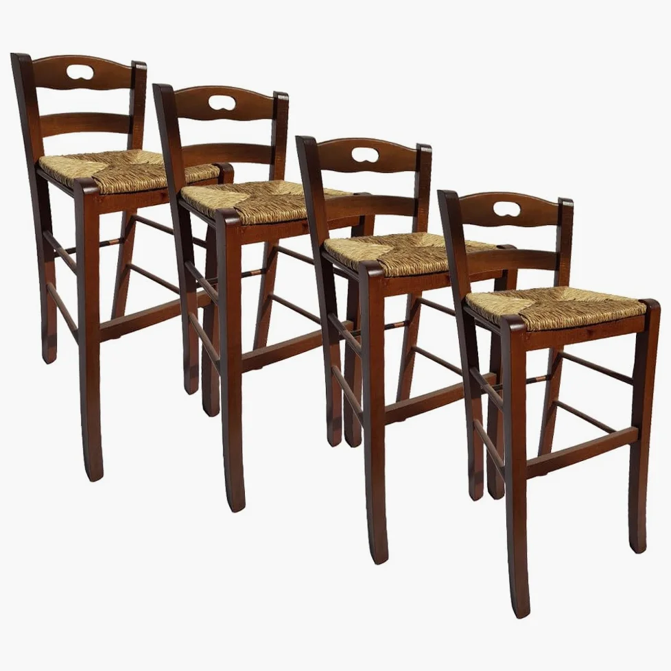 Set Sgabelli in Legno con Seduta Compatta - con Poggiapiedi, Schienale, Struttura Robusta, da Bar, Cucina, Ristorante, Soggiorno, Stile Classico, Rustico - 39X38X90CM (4PZ, Noce)