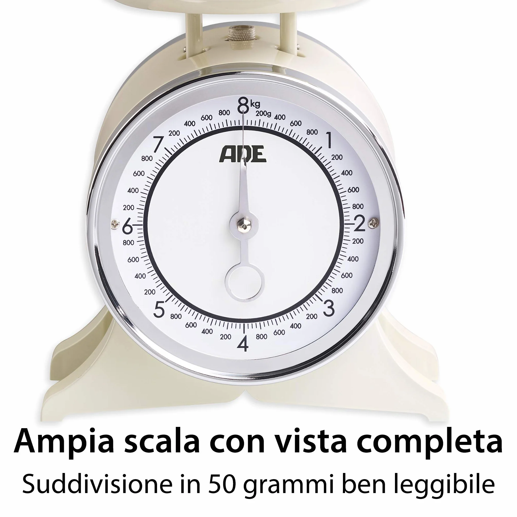 ADE Bilancia da cucina meccanica retrò 8 kg analogica con ciotola in acciaio inox bianco crema