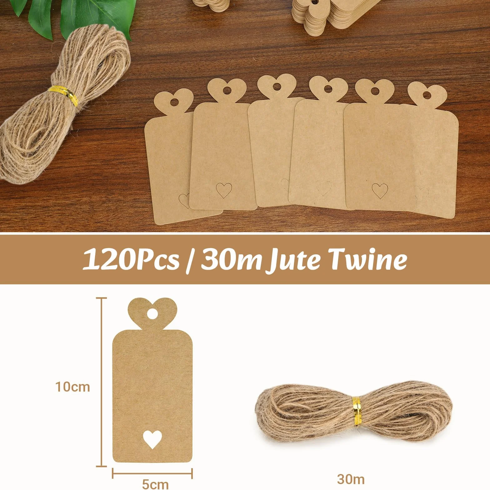 120PCS Cartoncini per Bomboniere 5x10CM Carta Kraft Etichette Vuote con Filo & 30M Juta Naturale DIY per Regali di Matrimonio, Regali, Etichette Marroni, Prezzo, Etichette con Filo-Cuore