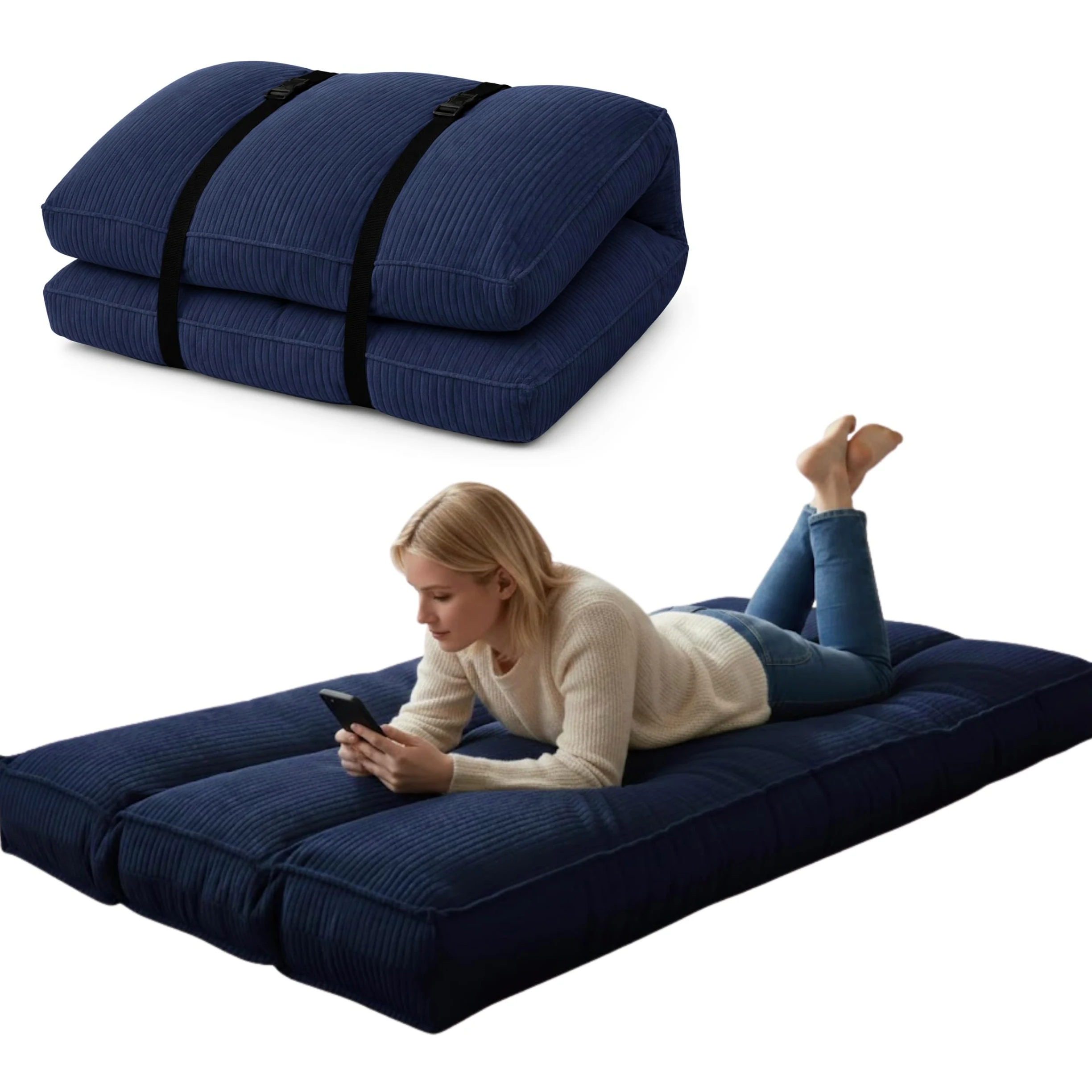 Futon Giapponese 1 Persona Comodo e Spesso, Prodotto in Francia, Sfoderabile, Ideale come Materassino Pieghevole, Tatami Giapponese–Letto Singolo, Cinghia di Fissaggio inclusa (90x190 cm, Blu Scuro)