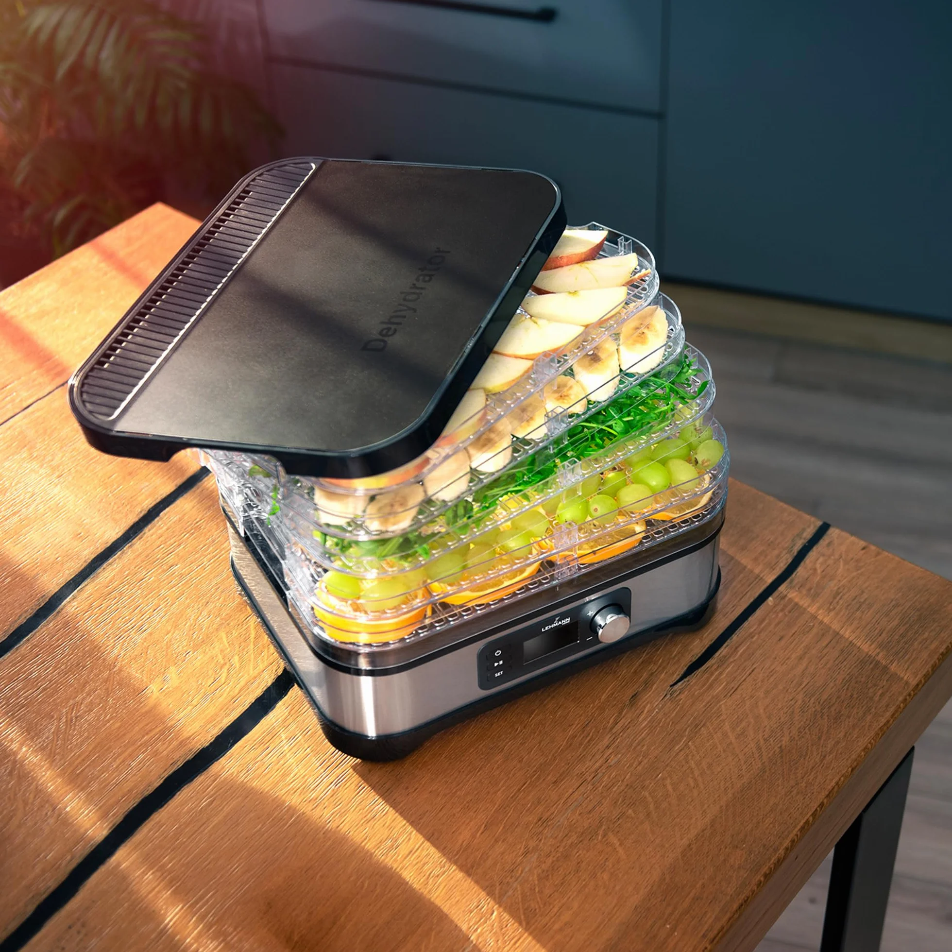 LEHMANN Essiccatore Alimentare, 5 Vassoi Regolabili in Altezza, Regolazione Temperatura 35-70°C, Timer 24h, BPA Free, Acciaio Inox, Essiccatore per Alimenti, Funghi, Frutta, Carne e Verdura