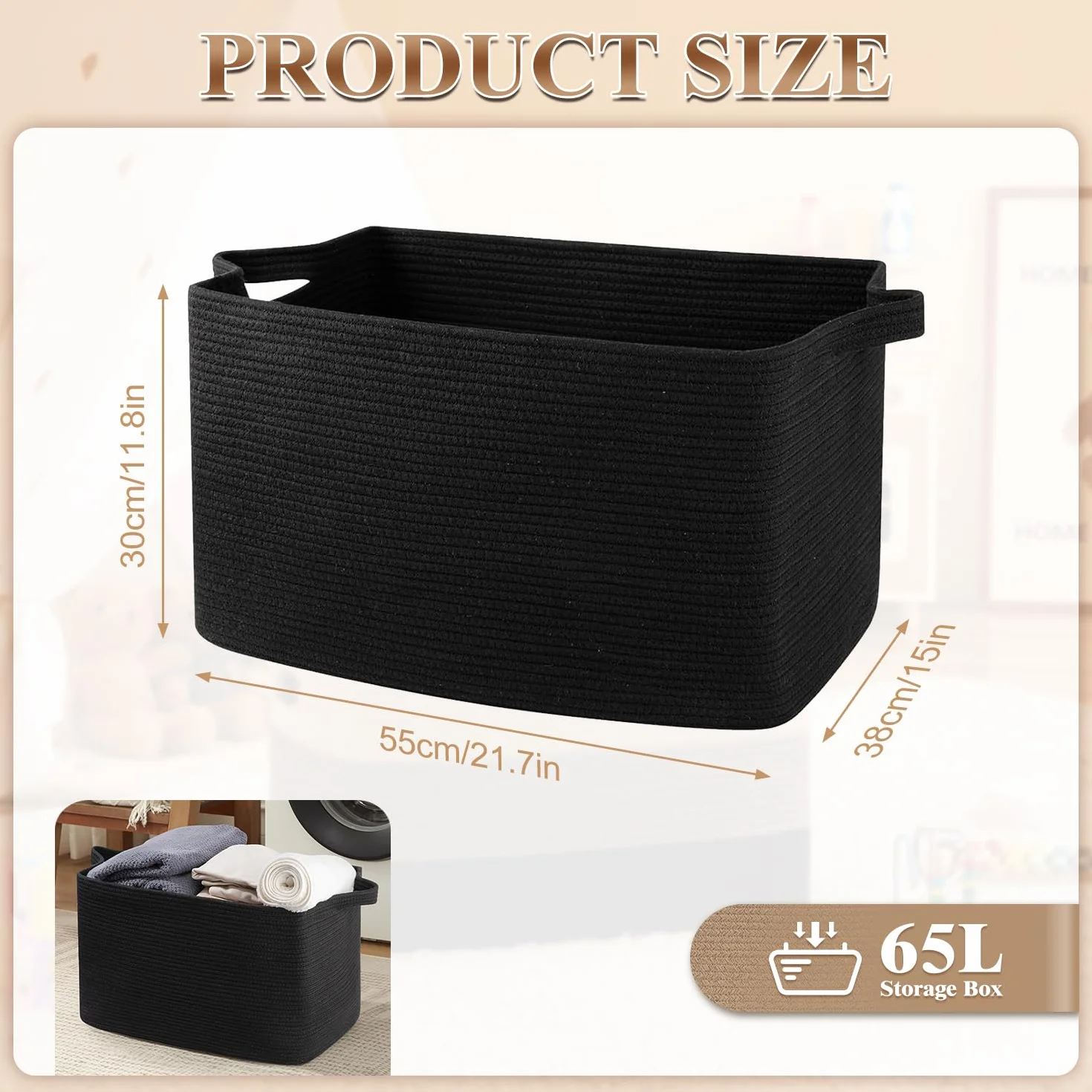 Esteopt Cesto portaoggetti pieghevole extra large da 65 l, con manici, in tessuto resistente, per giocattoli, coperte, vestiti stagionali, design pieghevole salvaspazio (55 x 38 x 30 cm) (nero)