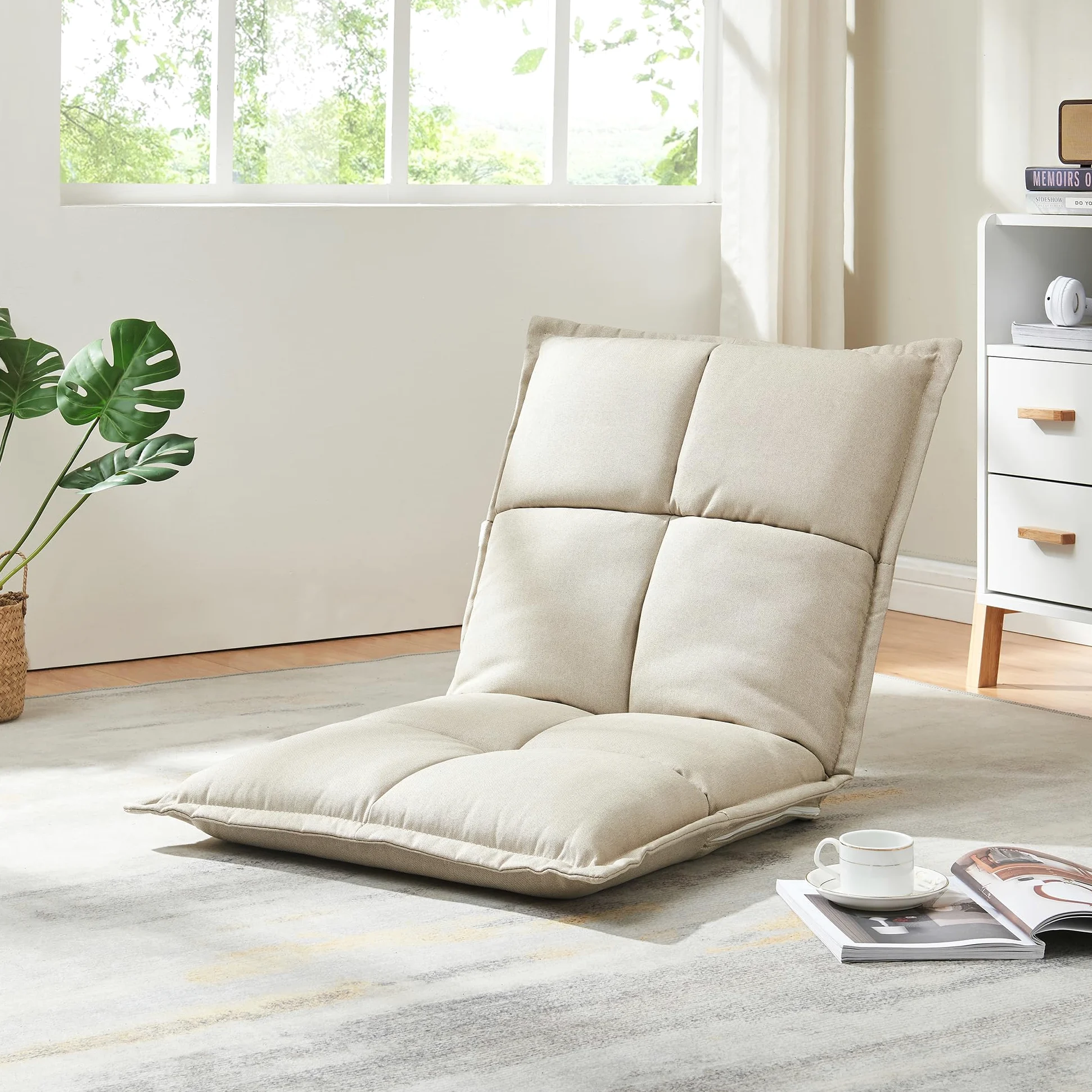 [en.casa] Set di 2 Sedie da Pavimento con Schienale Regolabile in 5 Posizioni Poltroncine Imbottite da Terra Sedie Reclinabili per Soggiorno Relax Meditazione - Beige