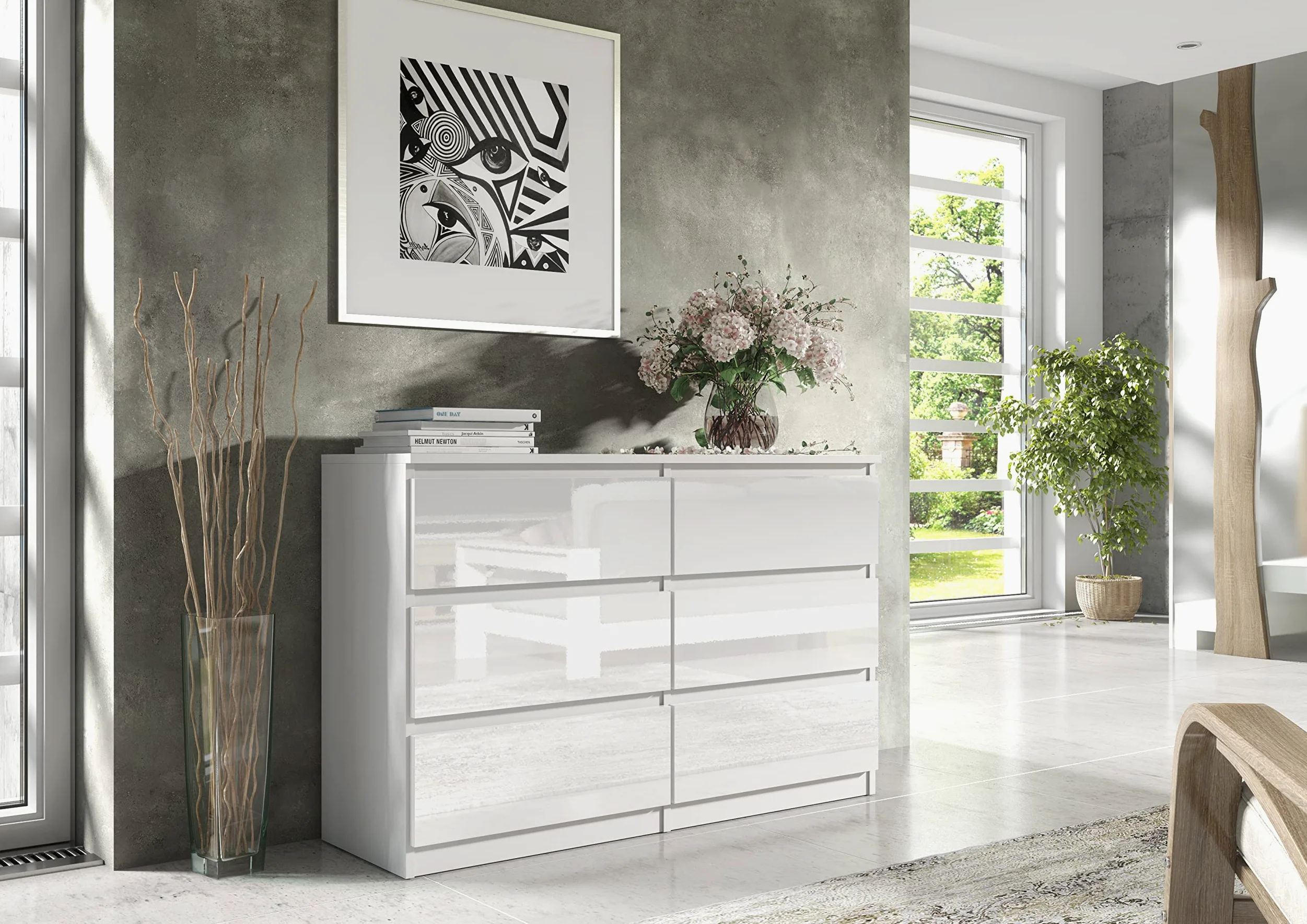 meble masztalerz Cassettiera Camera da Letto con 6 Cassetti - Credenza Soggiorno - Moderna Comò - Cassettiera Alta - Mobiletto con Cassetti - Bianco con Frontale Lucido 120 x 39 x 78,5 cm