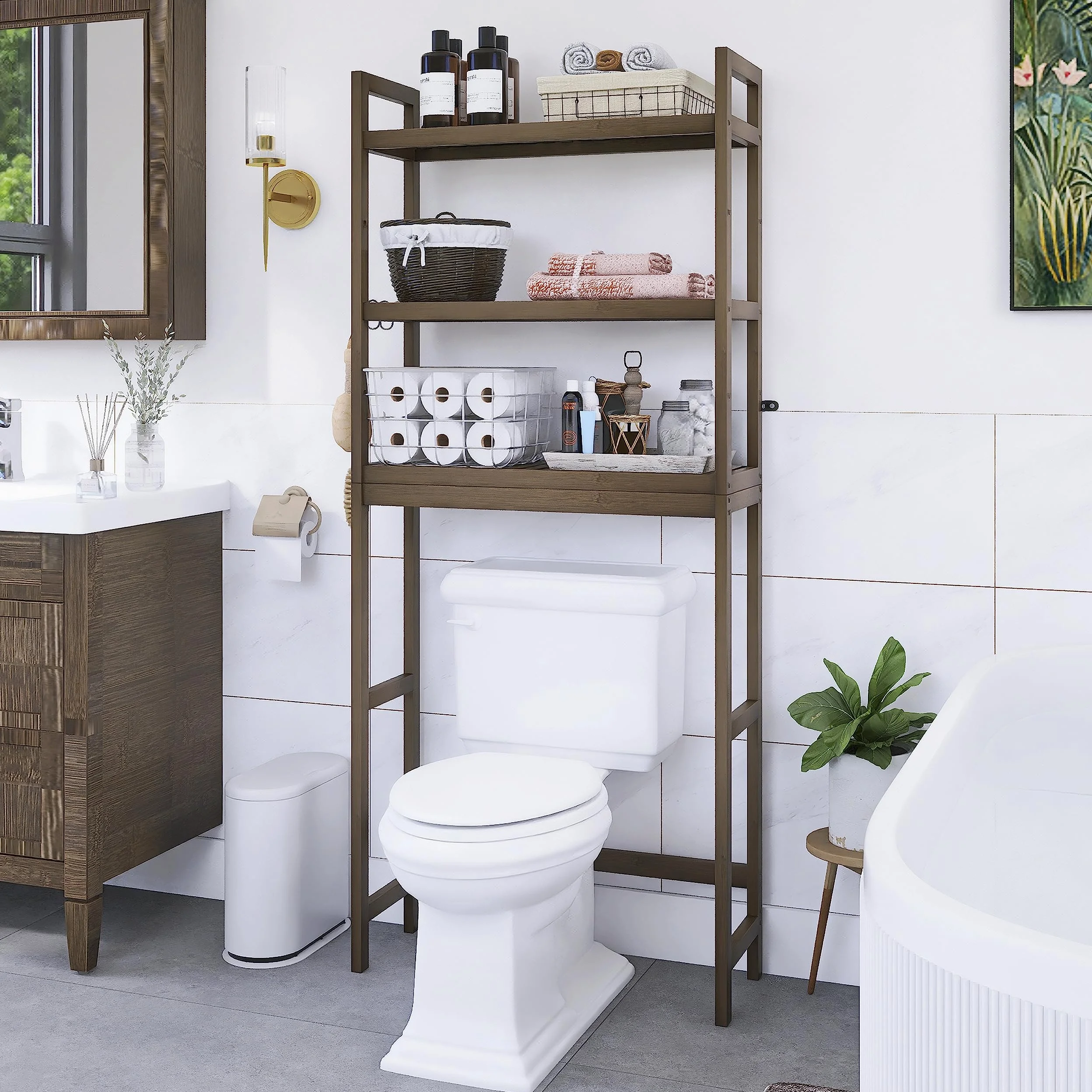 SMIBUY Mensola portaoggetti per bagno, portaoggetti in bambù sopra il WC, salvaspazio per WC indipendente con ripiani regolabili a 3 livelli (Noce)