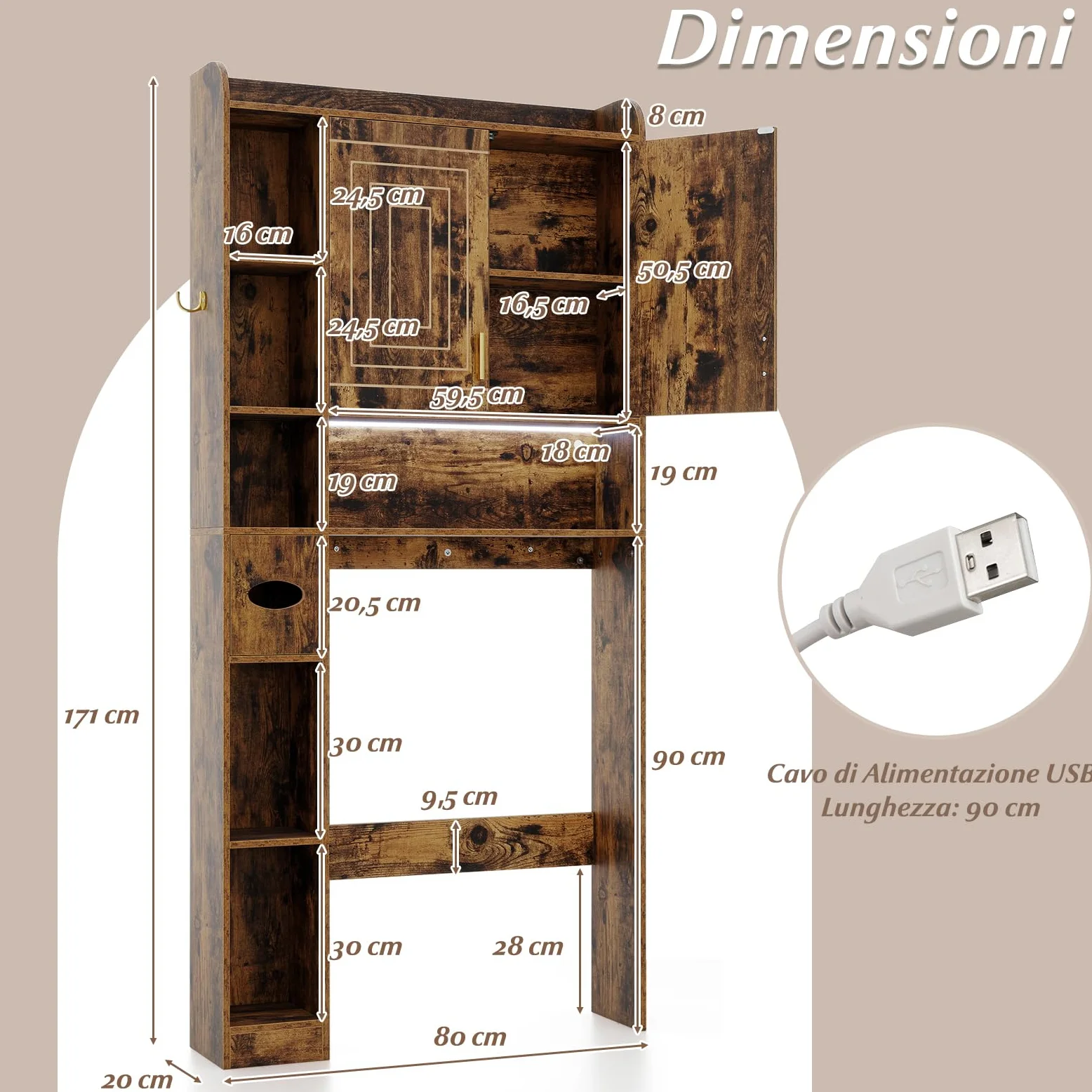 COSTWAY Mobile da Bagno Sopra WC, Scaffale Salvaspazio con Armadietto a 2 Ante, 6 Scomparti Aperti, Porta Fazzoletti, Gancio e Ripiano Regolabile, Mobiletto per Bagno e Lavanderia (Marrone)