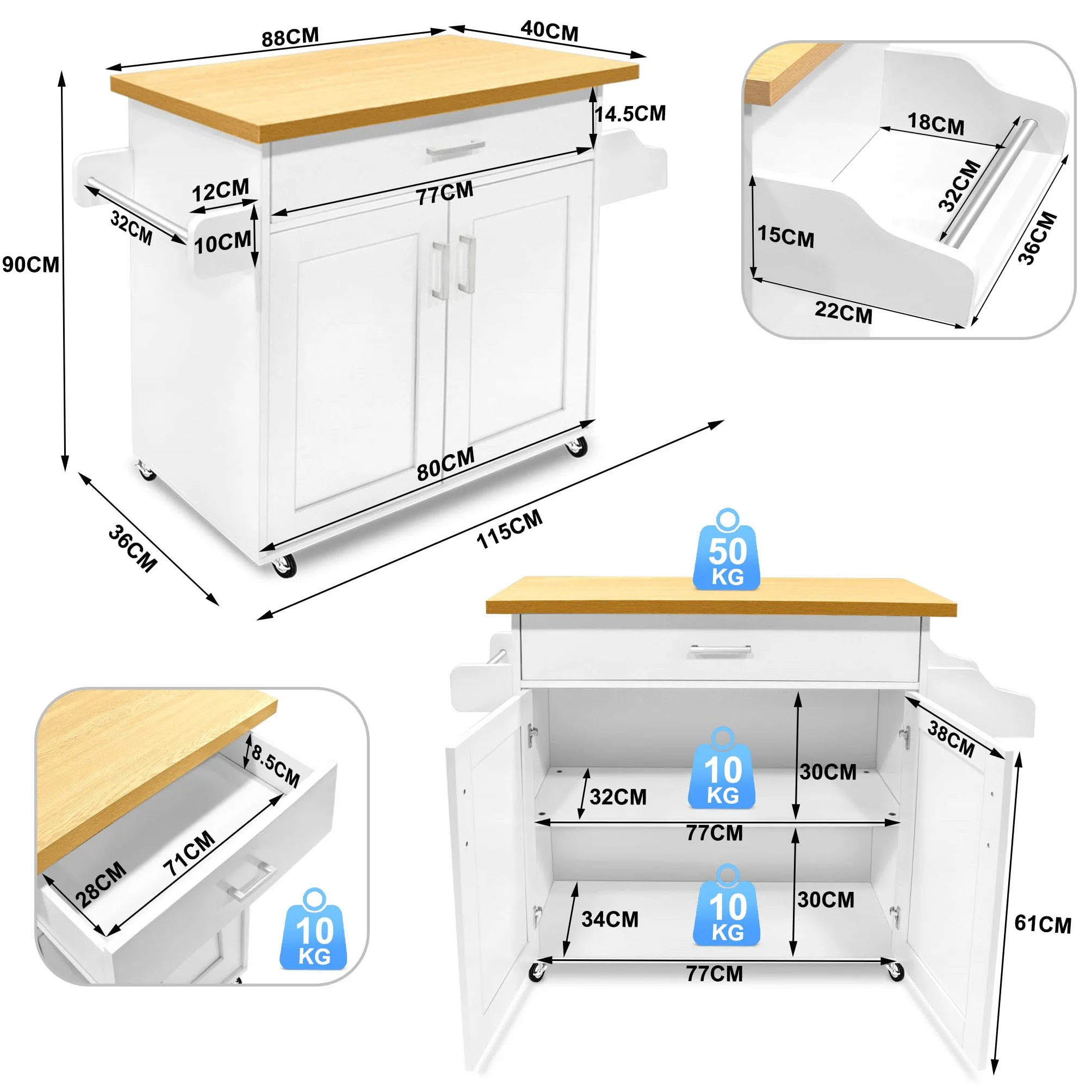 FIVMEN Carrello da Cucina con Ruote e Piano di Lavoro, Carrello Servizio in Legno con Portasciugamani e Portaspezie, Mobile Credenza Cucina Bianco, 115x90x36 cm