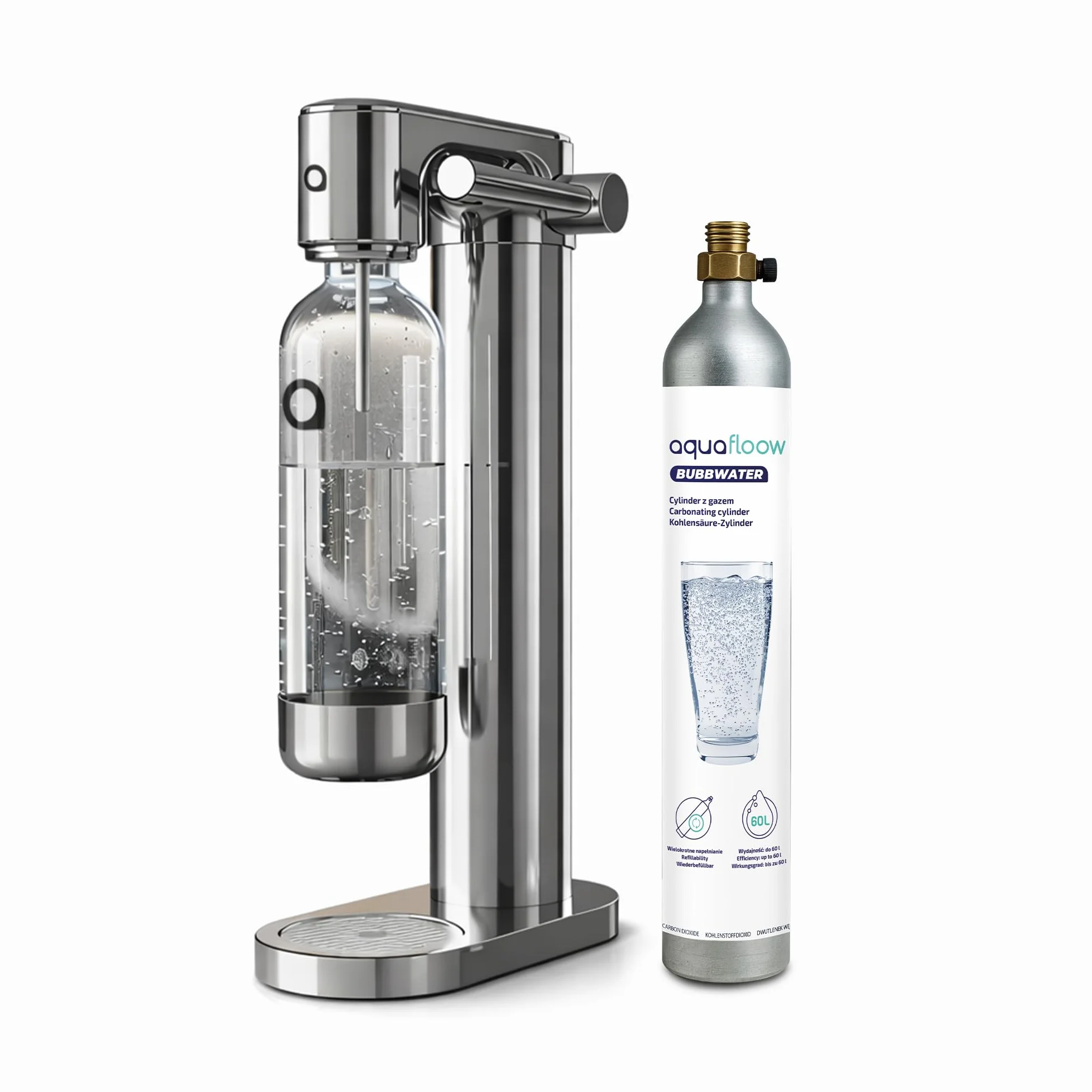 Aquafloow Macchina Soda per Acqua Frizzante in Acciaio Inox, Gasatore d’Acqua con CO₂ Ricaricabile, Bombola 60L, Bottiglia Senza BPA
