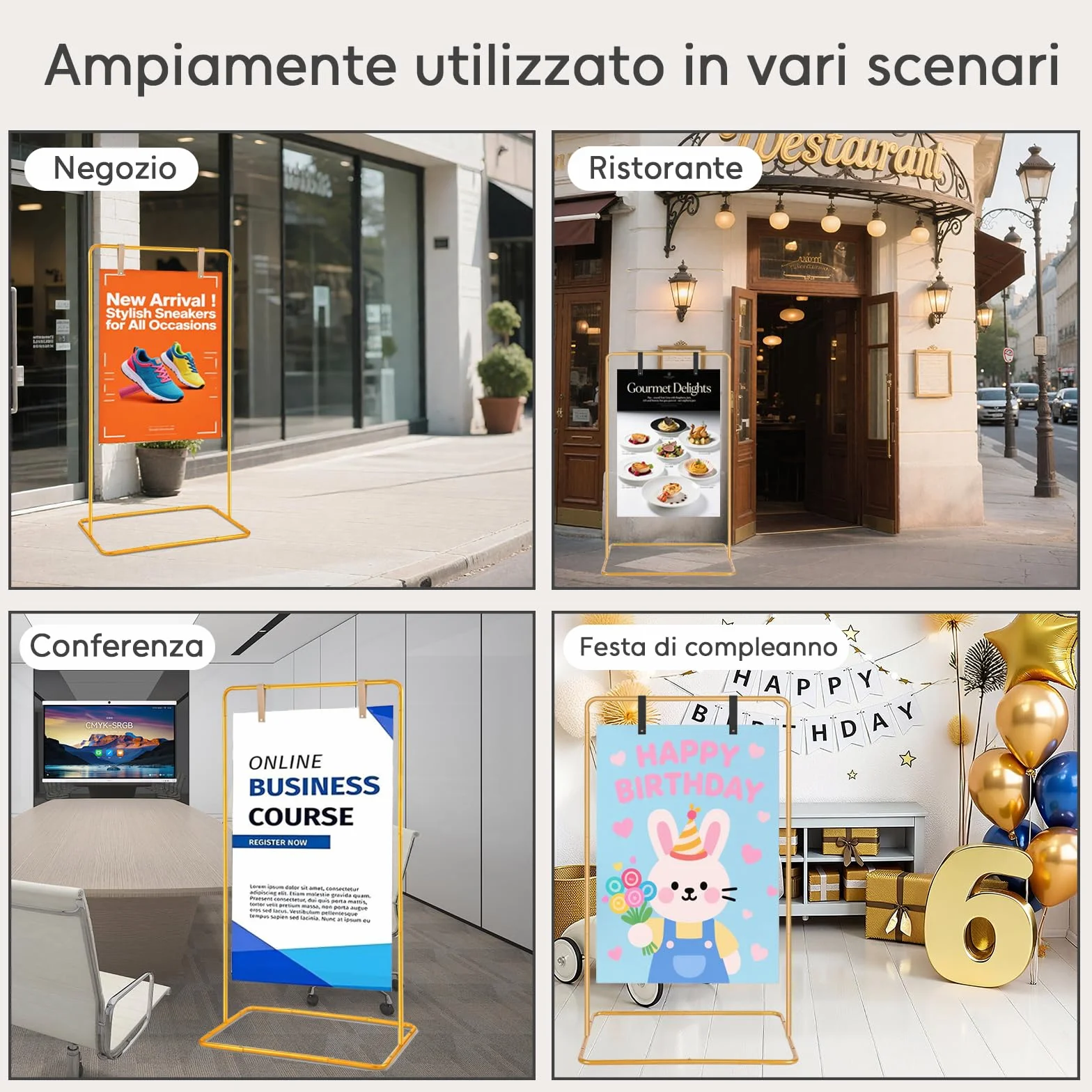 Regulowany stojak na plakat ślubny 173x80x50 cm z 4 paskami skórzanymi, złoty