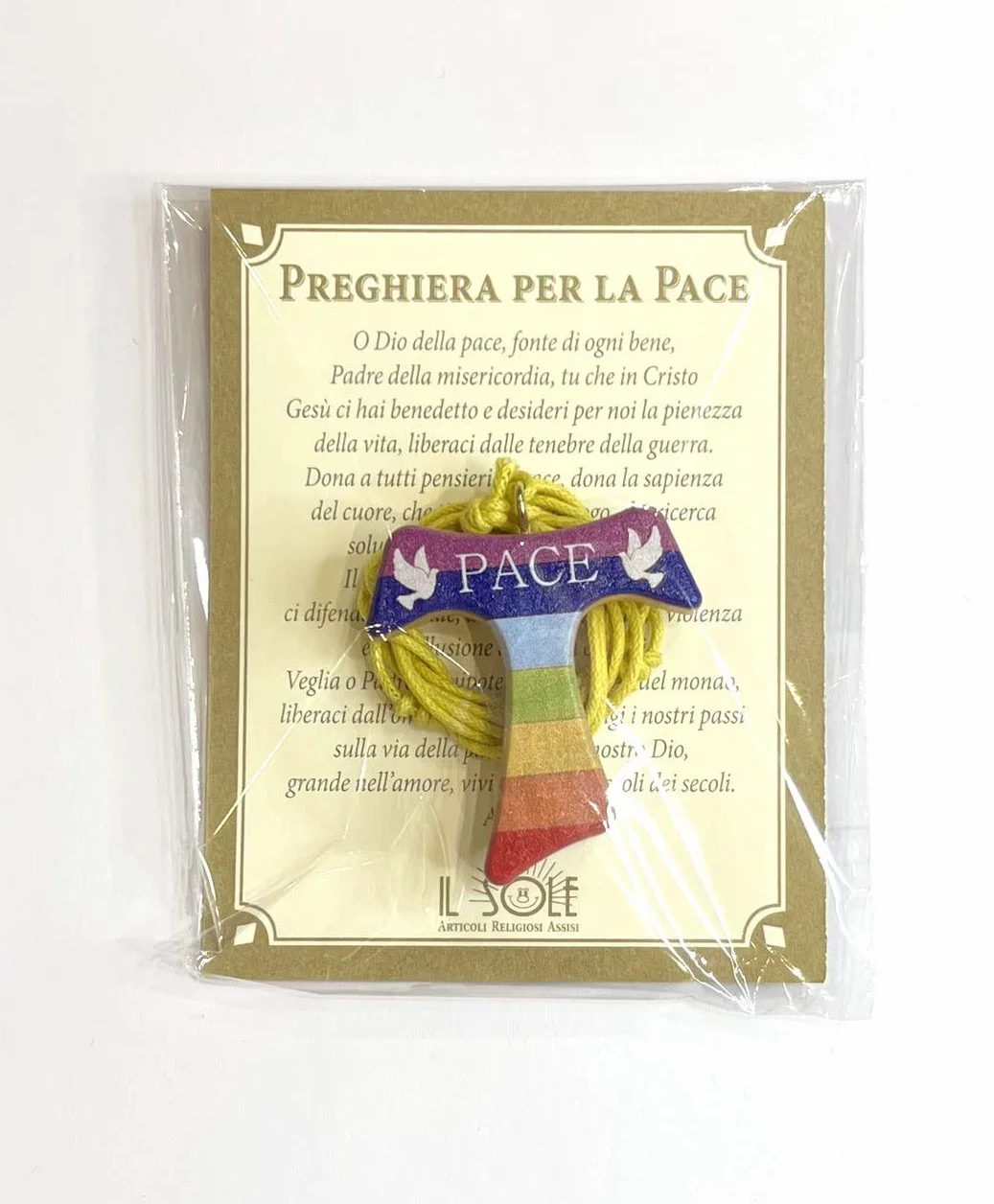 IL SOLE COLLANINE TAU DELLA PACE CON CORDONCINO COLORATO PREGHIERA IN ITALIANO E INGLESE 7 PZ