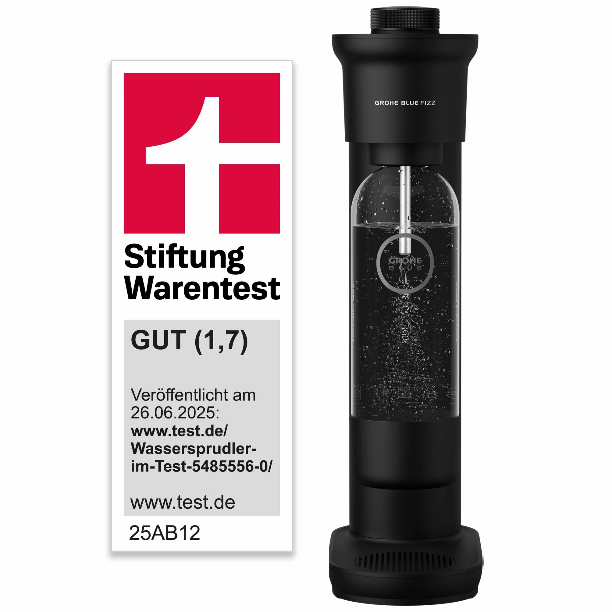 GROHE Blue Fizz Gasatore Starter Kit, 3 Livelli di Gasatura, senza Bombola CO2, 1 Bottiglia d'Acqua da 0,85 L + Polvere Pulizia, Nero, 31943K00