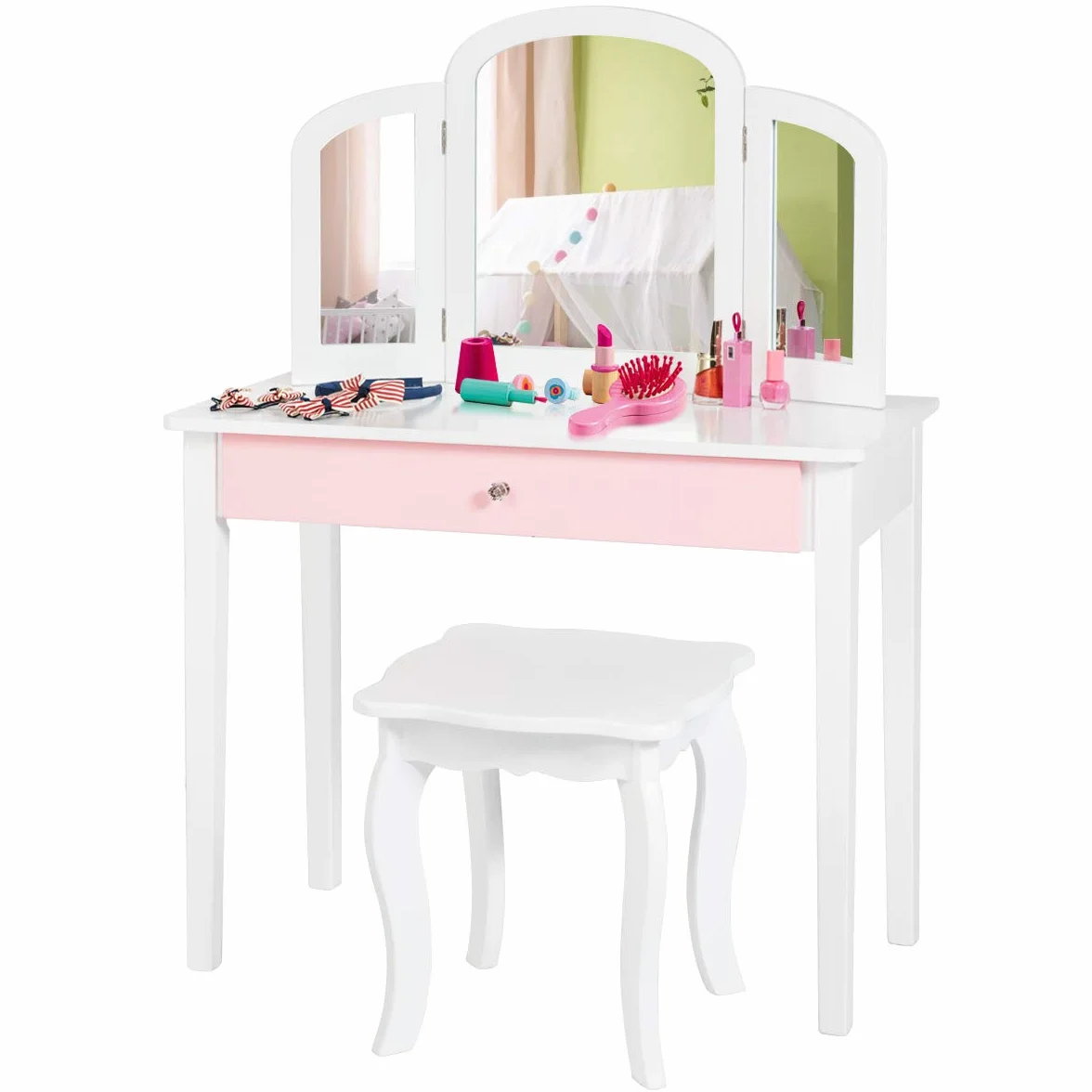 RELAX4LIFE Set Toeletta in Legno con Sgabello, Tavolo da Trucco con Cassetto con 3 Specchi per Bambini, Kit Toeletta da Trucco con Sedia per Bambine, Giocattolo da Trucco per Bambini (Bianca)