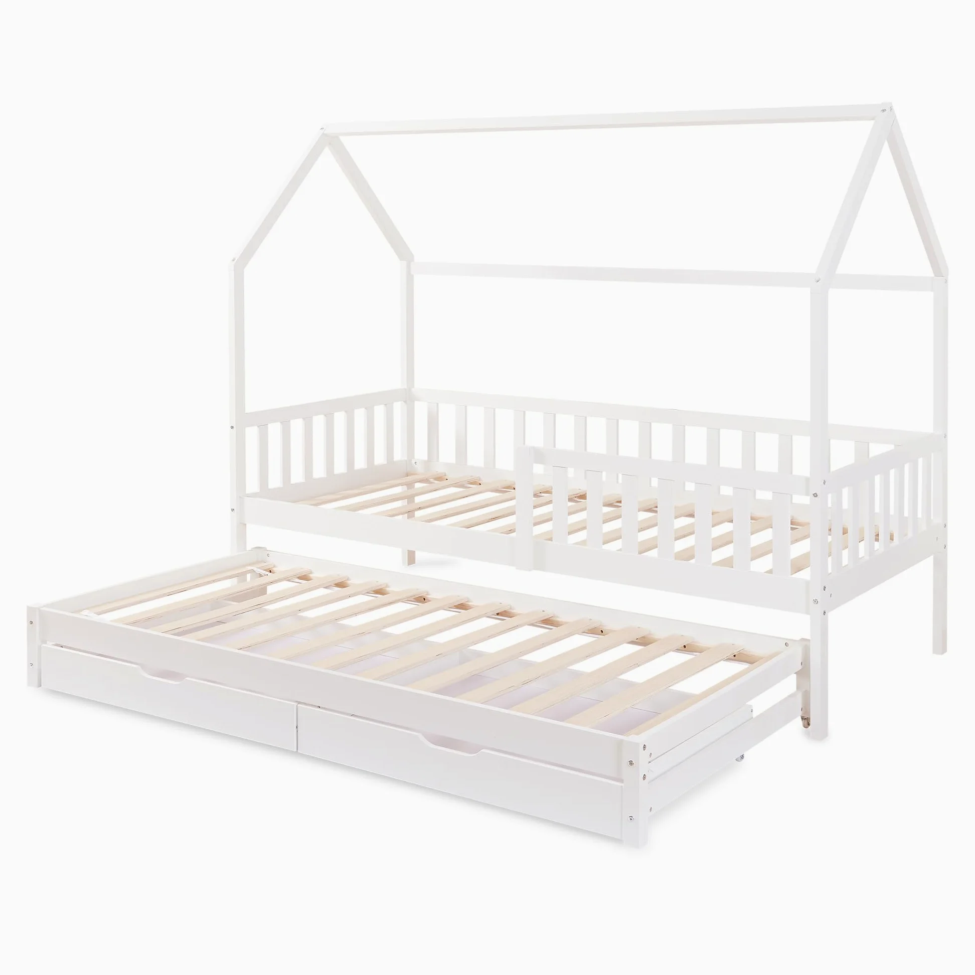 [en.casa] Letto per Cameretta a Forma di Casetta con Letto Estraibile Struttura in Legno di Pino a 2 Piazze con Barriera Anticaduta e 2 Cassetti 90x200 cm - Bianco