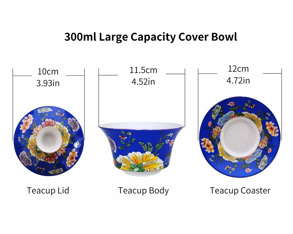 Porcellana Gaiwan Tazza da Tè Cinese con Coperchio e Piattino, Blu Fiori, 300 ml, Set Tè o Caffè