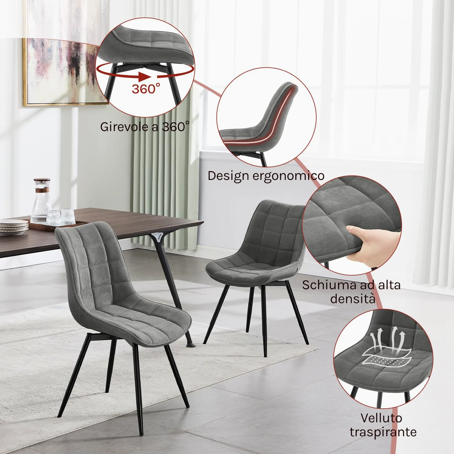 WOLTU Sedie da Pranzo Girevole Set di 4, Sedie da Cucina, con Sedile Imbottito, Schienale Alto, Gambe in Metallo, Tessuto in Velluto, Grigio Scuro