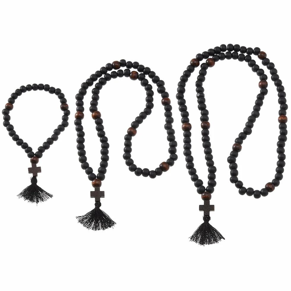 DICOSMETIC 3 corde da preghiera cristiana ortodossa Chotki in legno 30/80/100 nodi, perline per preghiera anglicana, croce nera, perline di benedizione con nappa, regalo religioso per uomini e donne