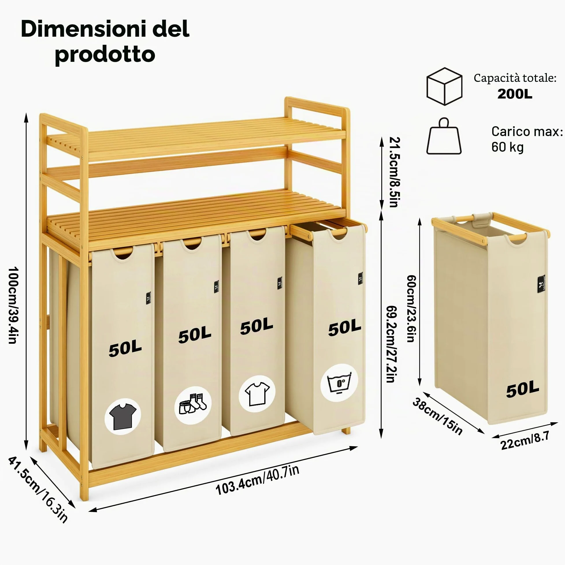 AdelDream Cesto portabiancheria con ripiani 4 scomparti 2 ripiani in bambù estensibile e rimovibile 200L beige