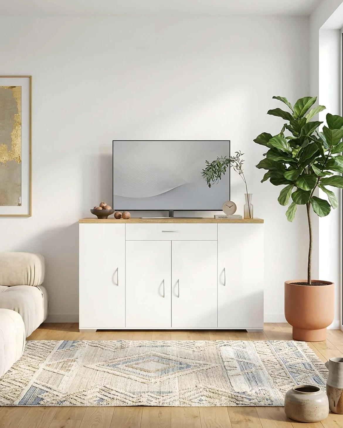 hitsuki Comò Camera da Letto Bianco con 4 Ante e 1 Cassetto 110×30×70cm | Mobile contenitore con 4 ante e 1 cassetto per organizzare biancheria, abiti e oggetti personali nella camera da letto