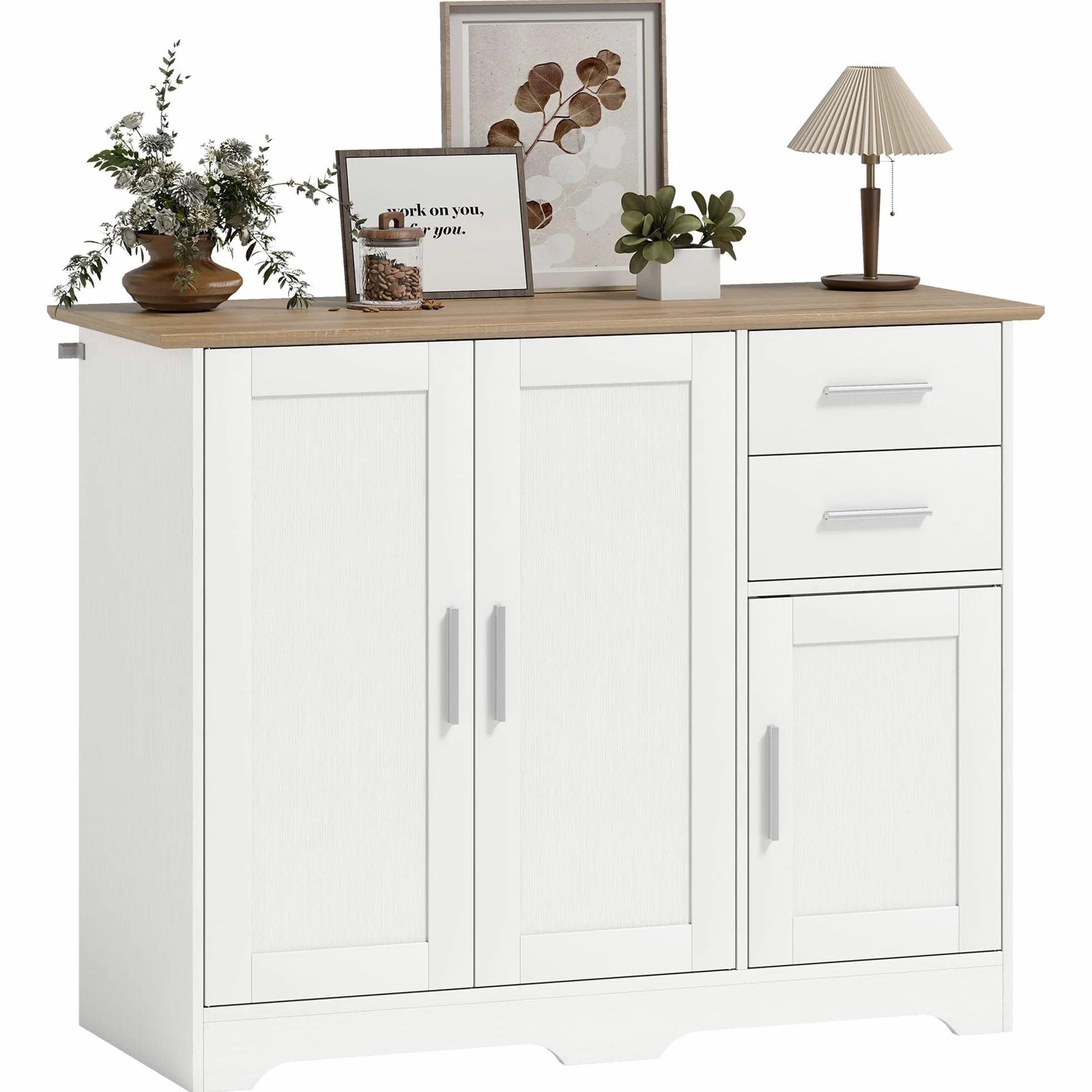 HOMCOM Credenza Cucina, Mobile Cucina con 2 Cassetti e 2 Armadietti, Credenza Buffet con Ripiani Regolabili, 3 Ante, Stile Moderno, per Soggiorno, Sala da Pranzo, 100x40x78 cm, Bianco e Color Legno