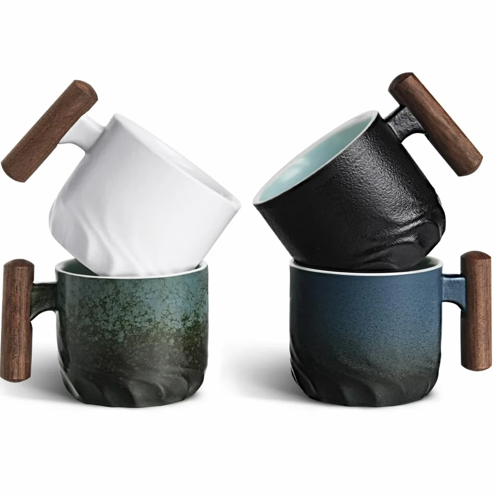 Vicloon Tazze Espresso Ceramica 70ml Set Impilabili con Manico in Legno Blu