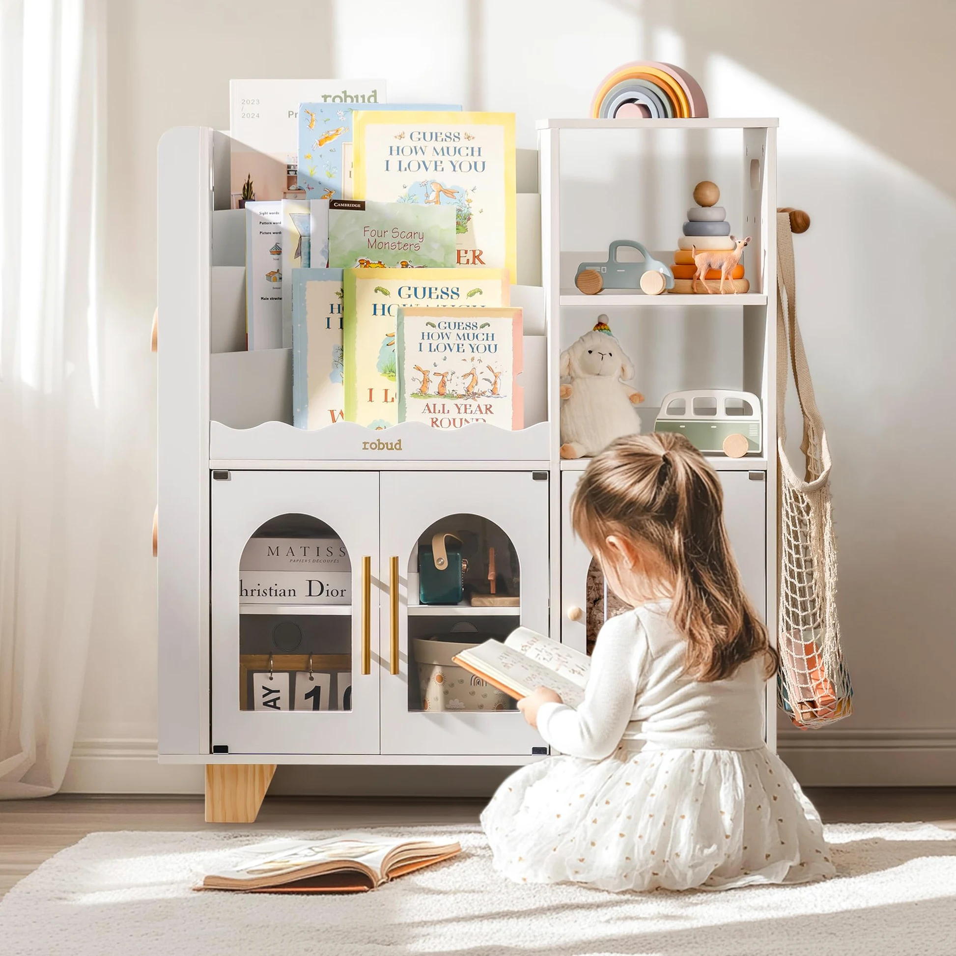 ROBUD Libreria per bambini, in legno, a più livelli, con zona di conservazione dei giocattoli, armadietto per grandi libri fotografici, mobili per bambini