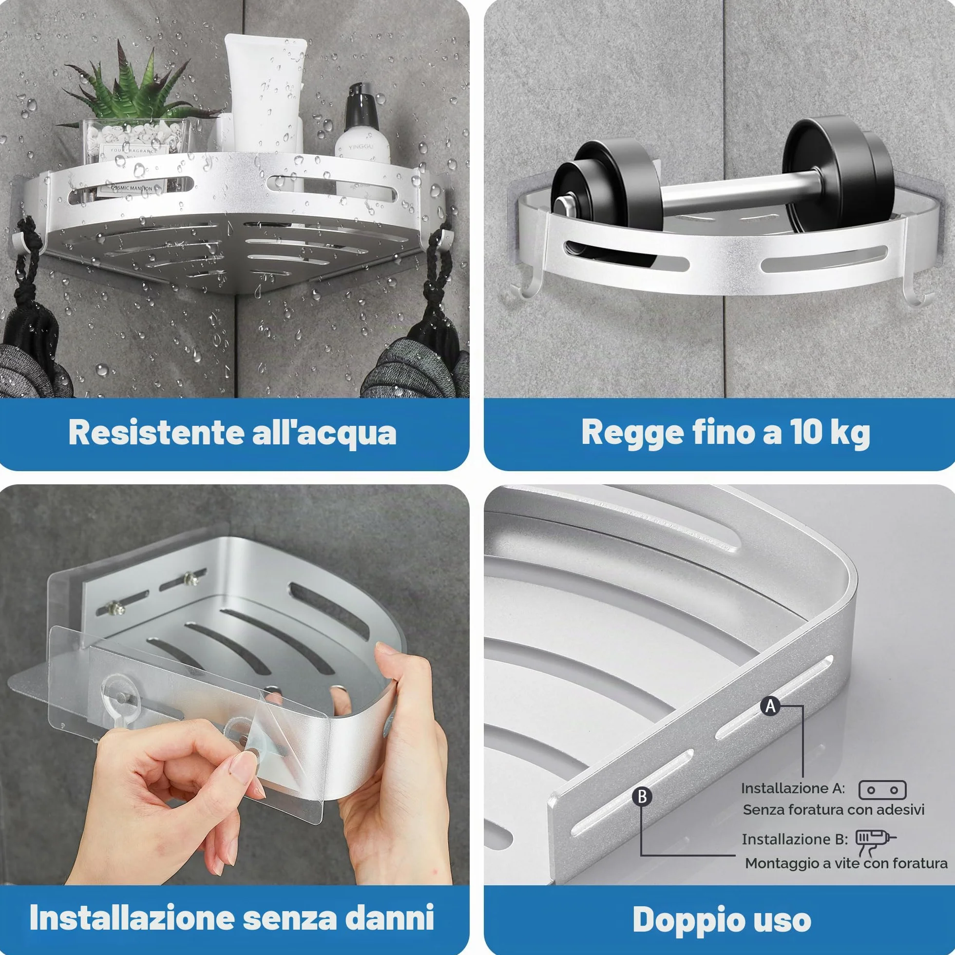 Mensola da Doccia Senza Foratura Angolare Adesiva in Metallo con 4 Ganci 2 Pezzi Argento GRICOL