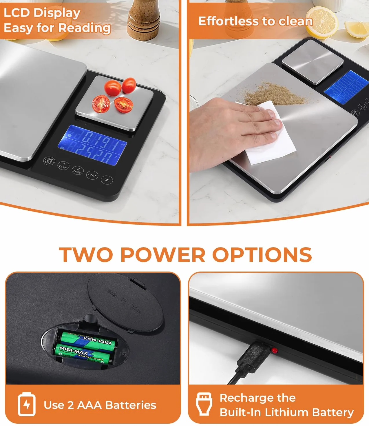 Bilancia da Cucina Digitale con Doppia Piattaforma (10kg/1g & 500g/0.01g), USB Ricaricabile & a Batterie, Acciaio Inox, Display LCD, 7 Unità, ideale per Cucina & Pasticceria