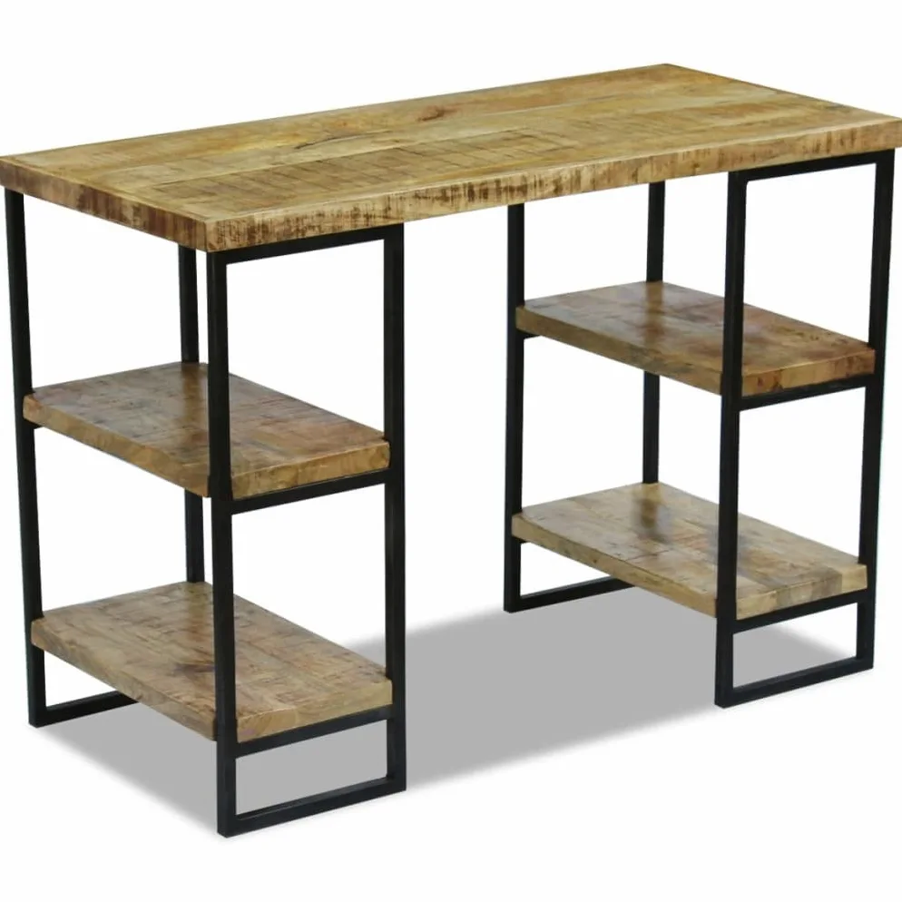 Scrivania industriale in legno di mango massiccio con struttura in acciaio, 110 x 50 x 76 cm, scrivania per computer con due scomparti per lato per libri e blocchi appunti