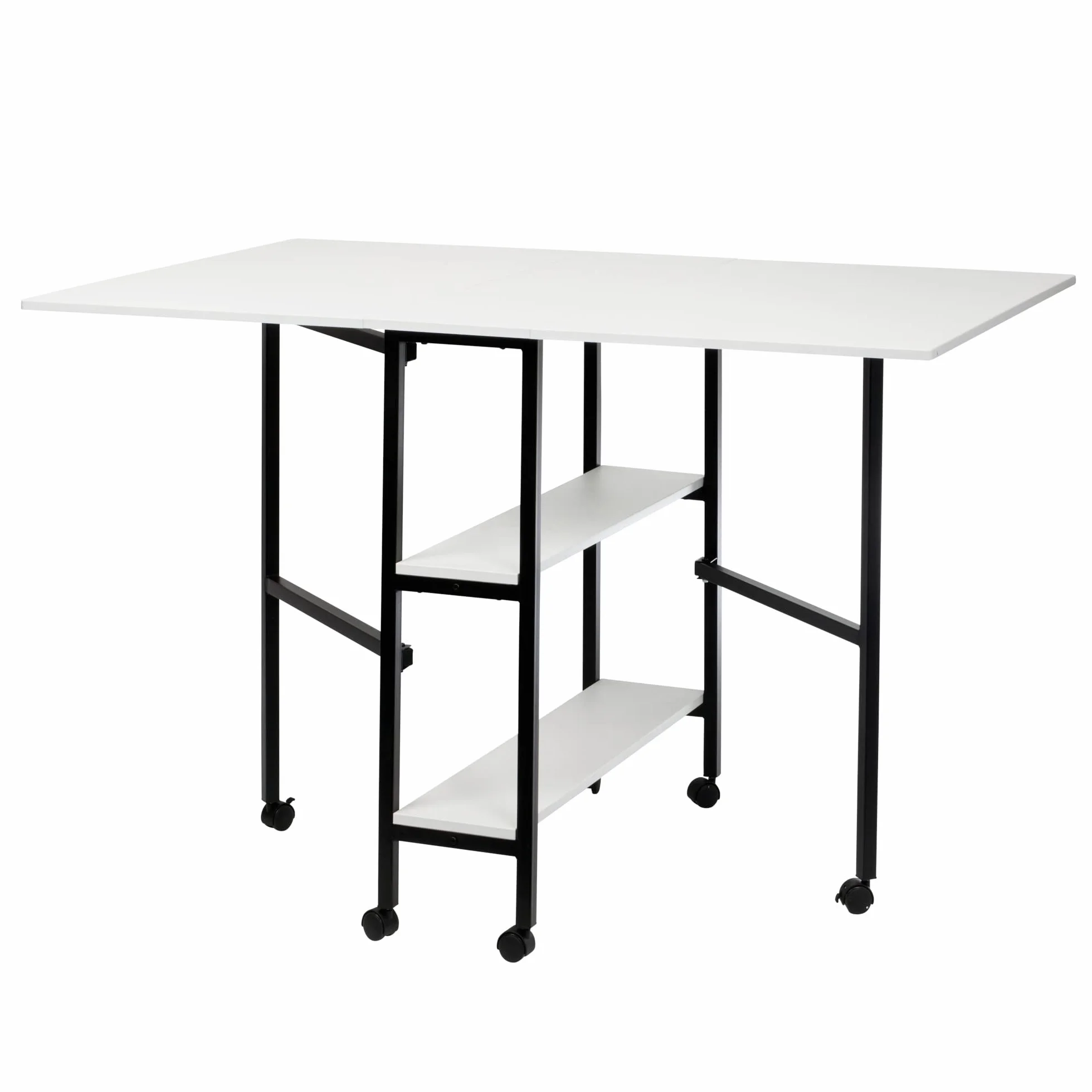 Tavolo da cucito pieghevole con piano bianco, gambe nere e ruote, 2 ribalte e 2 ripiani - WC1012