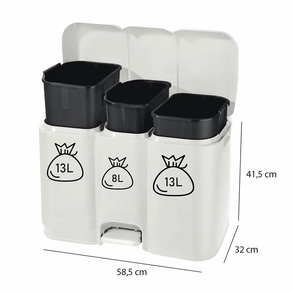 BuyStar Pattumiera Differenziata Bianca da 13+8+13 Litri Struttura Unica con Pedale e Secchi Estraibili 58.5x32xh41.5cm + Etichette Adesive per Differenziare il Riciclaggio